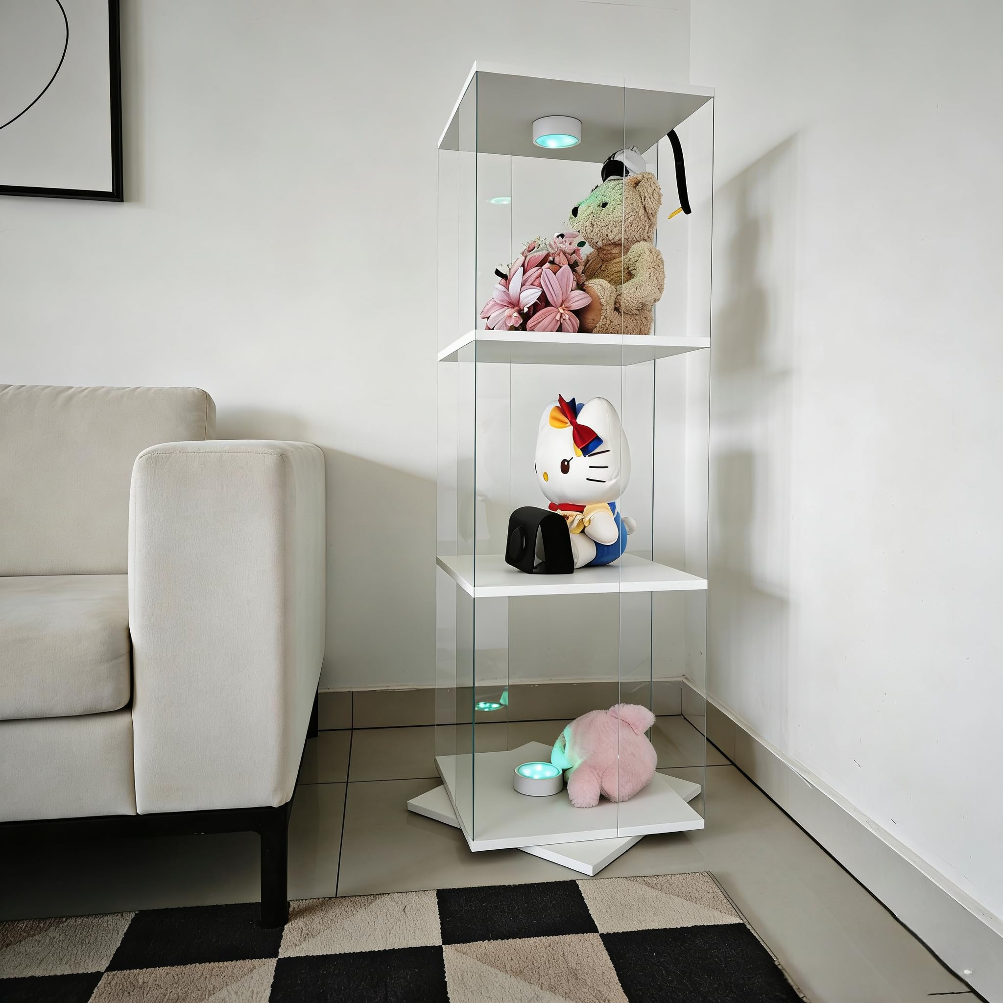 Tempered Glass Display Cabinet with Doors, Curio Cabinet with Lights,Rotatable 4 Tier Glass Display Case for Living Room,Dining Room,Corridor,Office (White, 4-Tier)