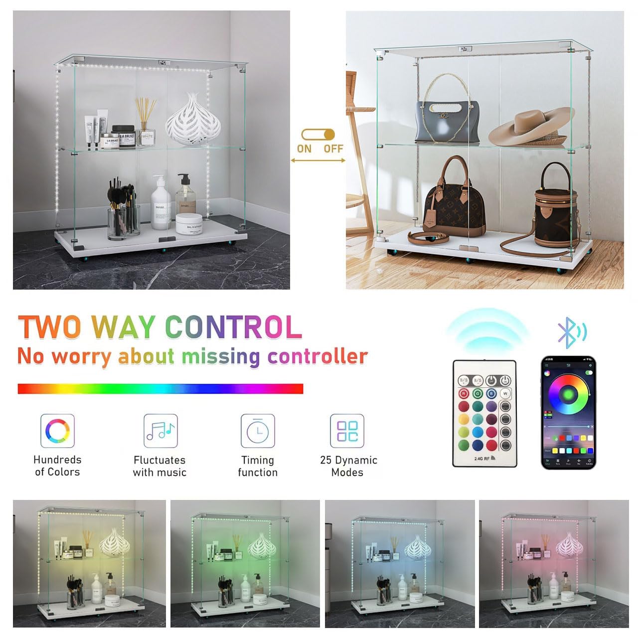 2-Tier Glass Display Case with Lights,2 Doors Curio Cabinets with Lock,Glass Display Cabine with Universal Wheel for Living Room, Office (Black)