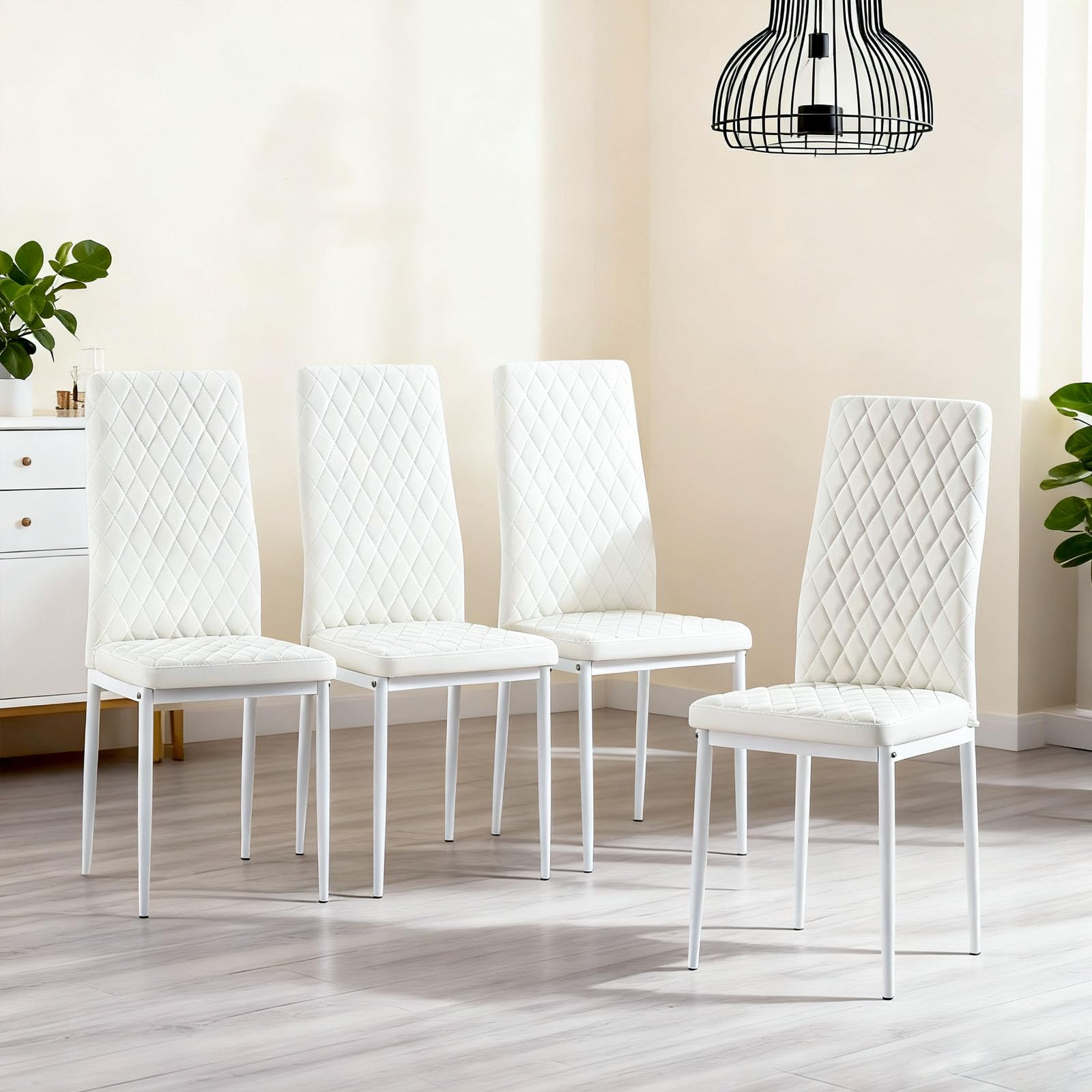 Dining Chairs Set of 4, Dining Chairs with Cushions, PU Leather Upholstered Kitchen Dining Room Chairs with Metal Legs for Dining Living Room (White, 4 PCS)