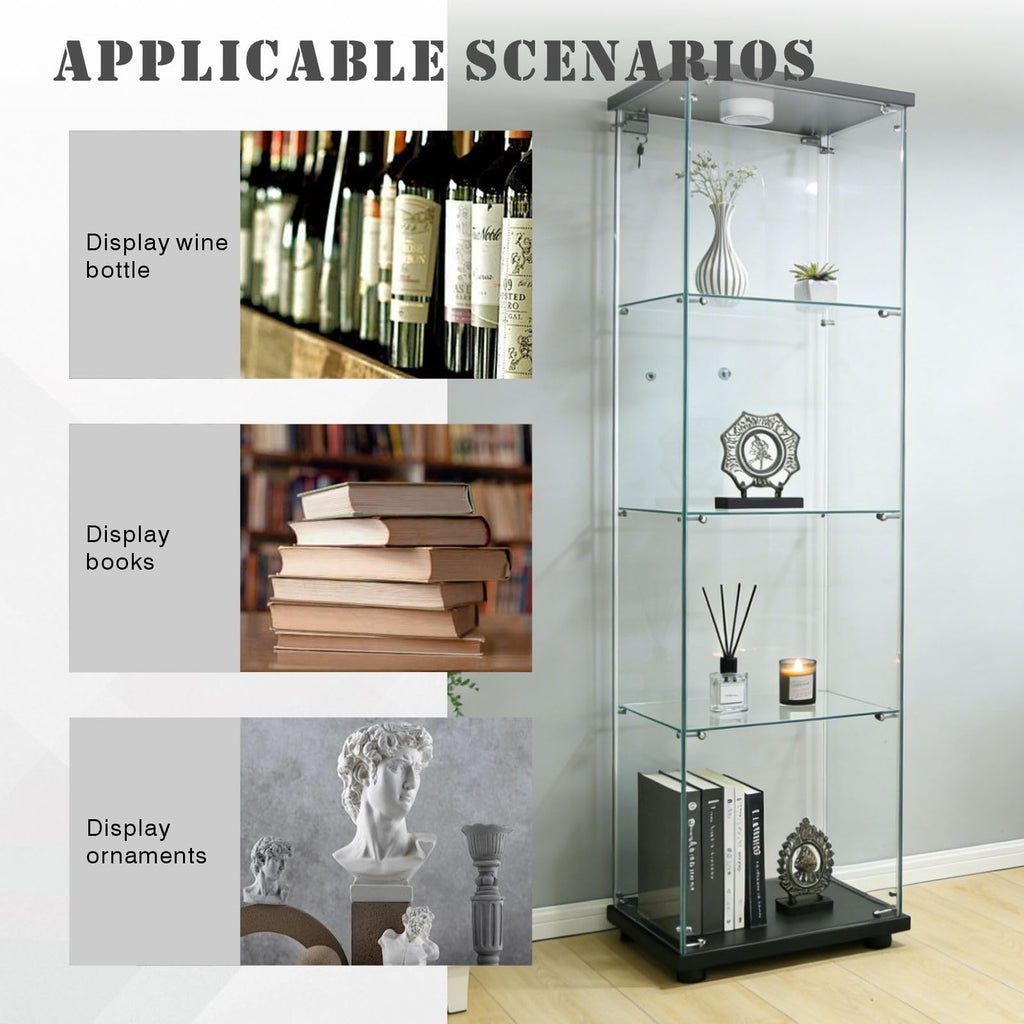 Glass Display Cabinet 4 Shelves with Door, Easy to Install, Solid Tempered Glass, Floor Standing Curio Bookshelf for Living Room,White