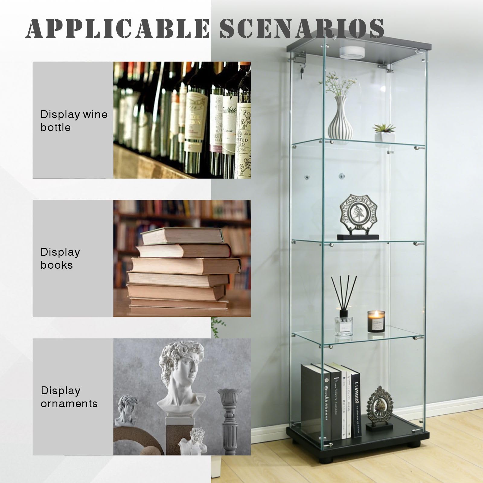 Glass Display Cabinet 4 Shelves with Door, Easy to Install, Solid Tempered Glass, Floor Standing Curio Bookshelf for Living Room,White