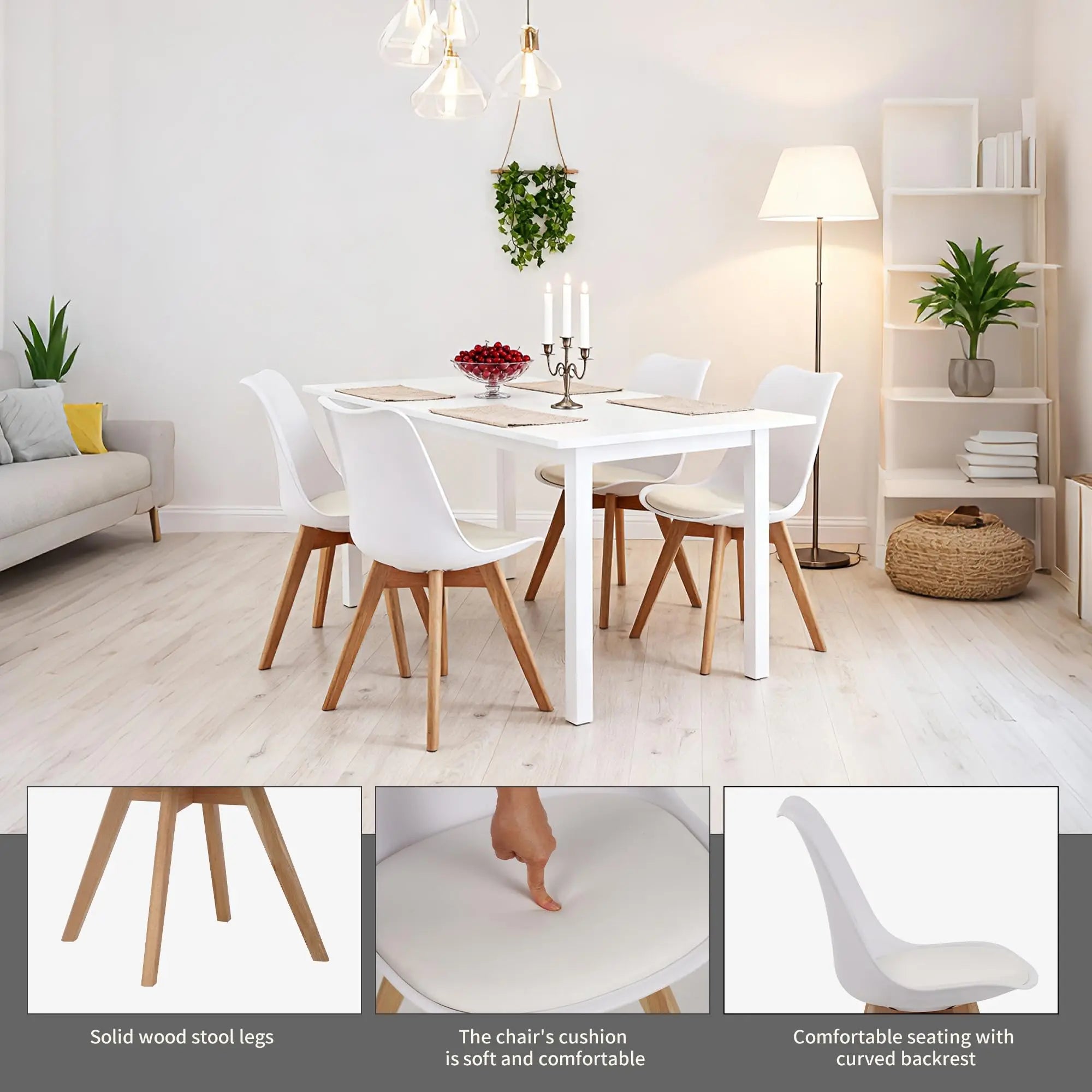 QIHAI Set of 4 Dining Chairs, Medieval Modern Style Dining Chairs for Kitchen and Dining Room, with Wooden Legs (White) QIHAI