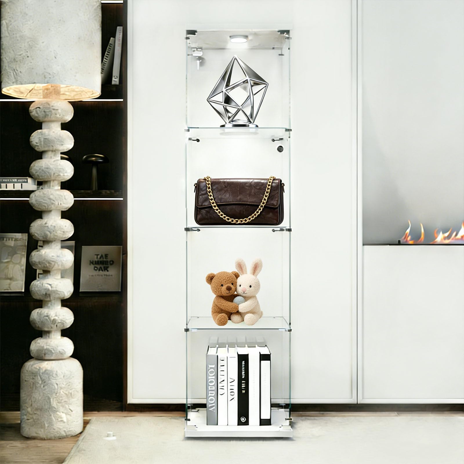 Glass Display Cabinet 4 Shelves with Door, Easy to Install, Solid Tempered Glass, Floor Standing Curio Bookshelf for Living Room,White