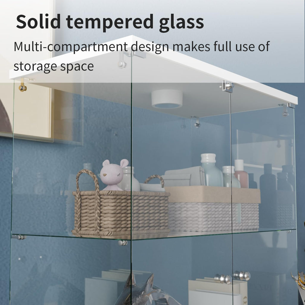Glass Display Cabinet 4 Shelves with Door, Easy to Install, Solid Tempered Glass, Floor Standing Curio Bookshelf for Living Room,White
