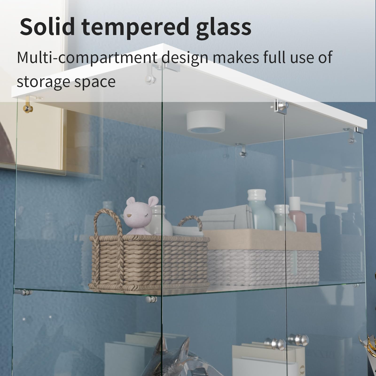 Glass Display Cabinet 4 Shelves with Door, Easy to Install, Solid Tempered Glass, Floor Standing Curio Bookshelf for Living Room,White