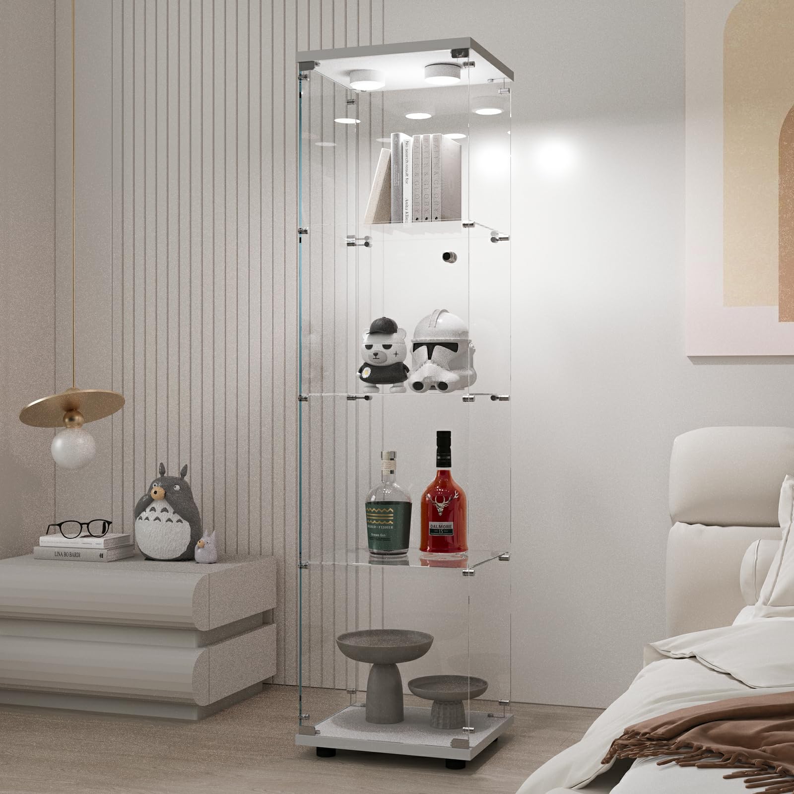 Glass Display Case with Lights,Tempered Glass Curio Cabinets with Glass Doors and Lock,Glass Display Cabinet for Bedroom, Living Room,Kitchen (White, 2 Door-5 Tier)