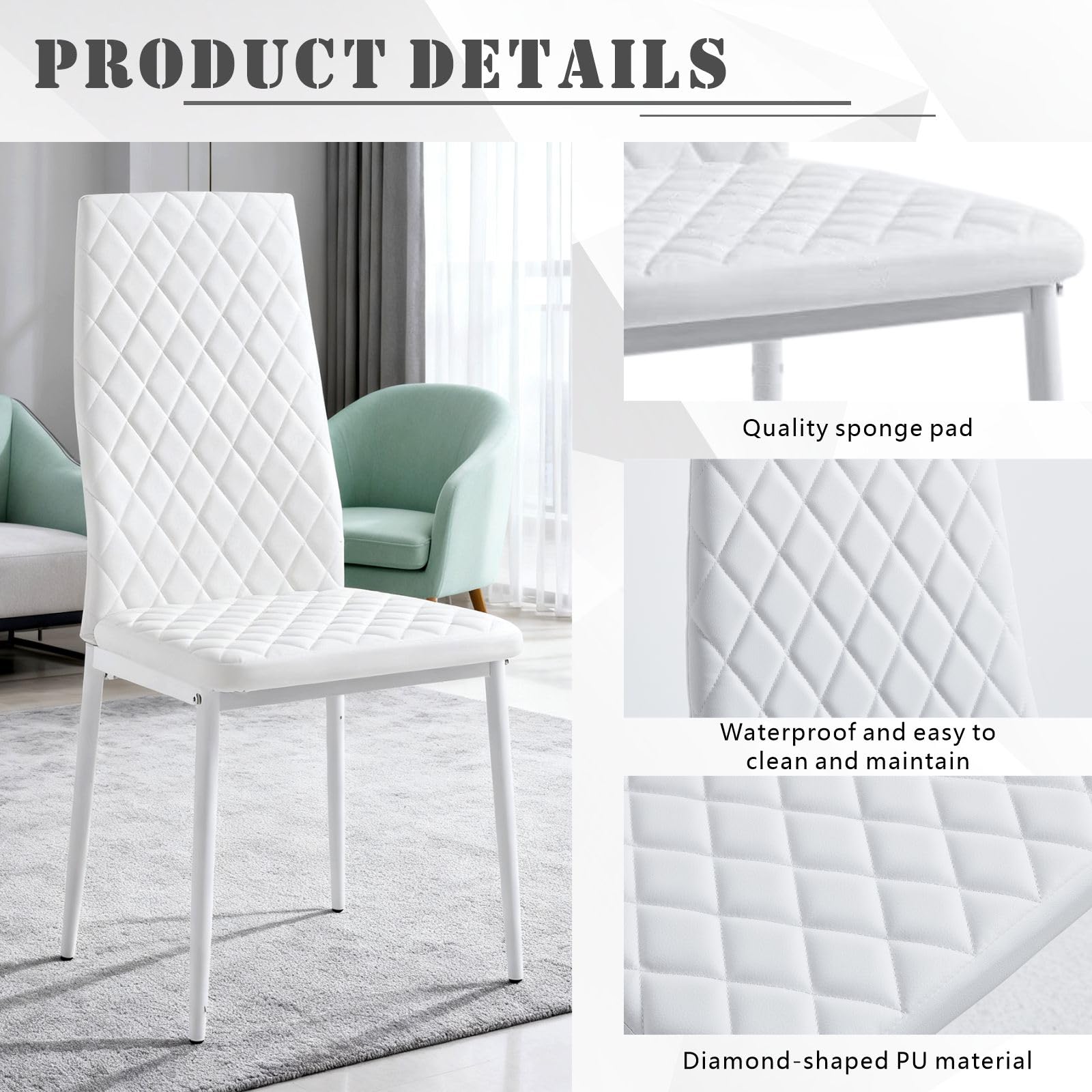 Dining Chairs Set of 4, Dining Chairs with Cushions, PU Leather Upholstered Kitchen Dining Room Chairs with Metal Legs for Dining Living Room (White, 4 PCS)