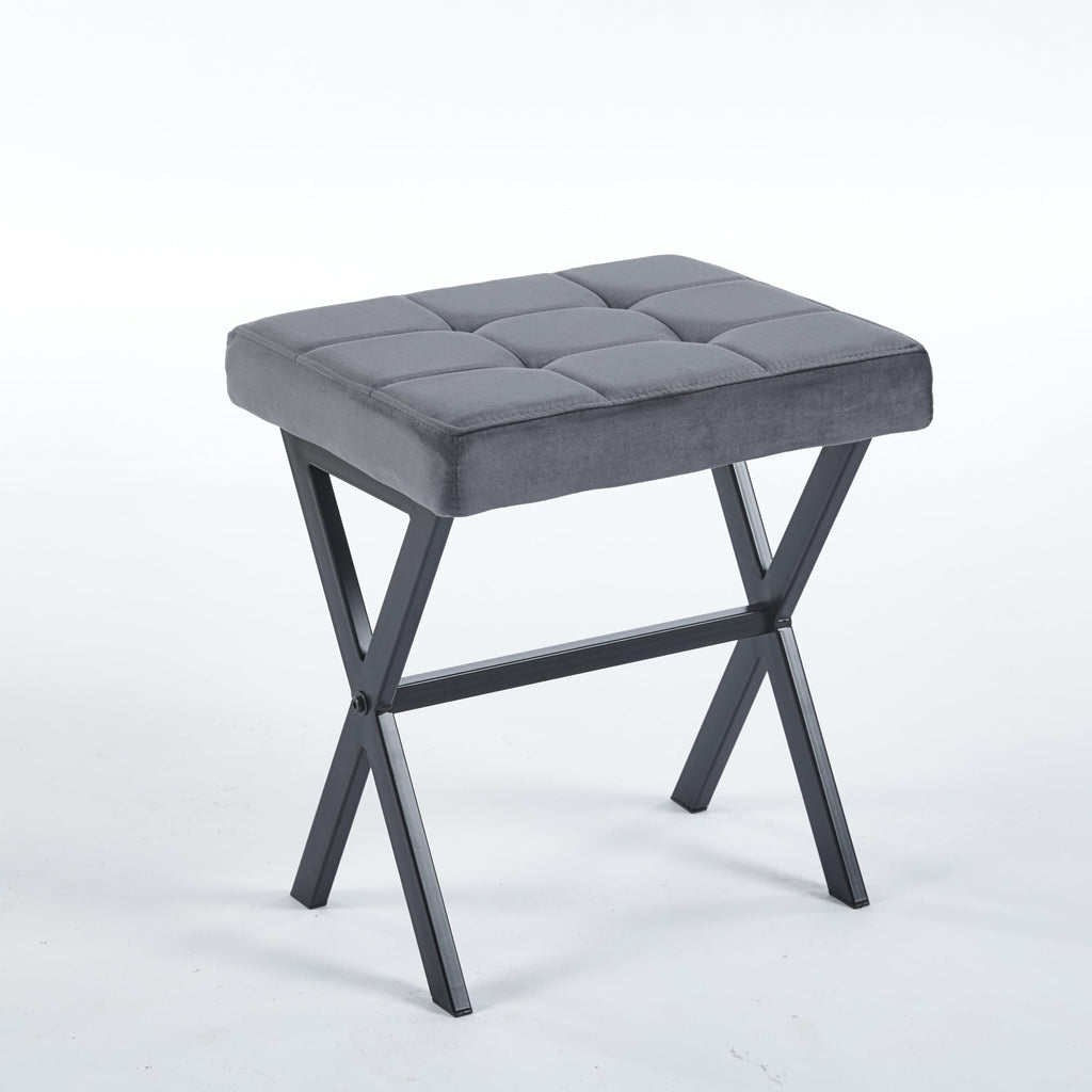 Vanity Stool - Square Faux Leather Makeup Seat with Metal X Legs, Small Ottoman Chair for Makeup Room, Living Room - Modern Padded Foot Rest (Dark Brown)