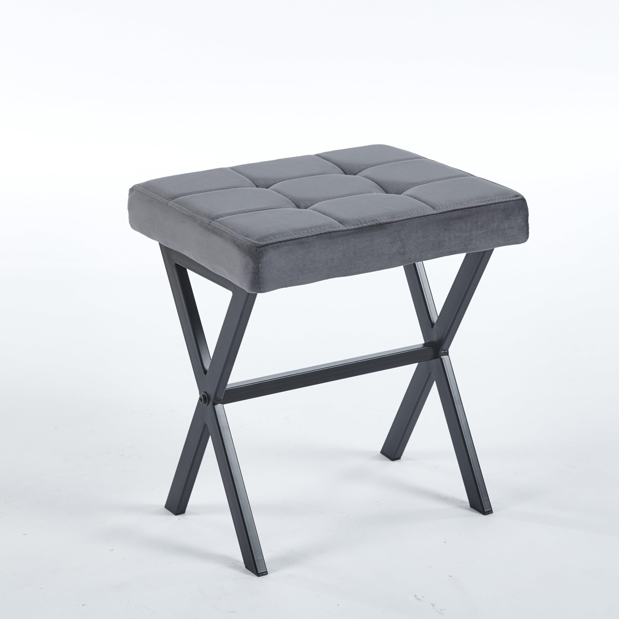 Vanity Stool - Square Faux Leather Makeup Seat with Metal X Legs, Small Ottoman Chair for Makeup Room, Living Room - Modern Padded Foot Rest (Dark Brown)