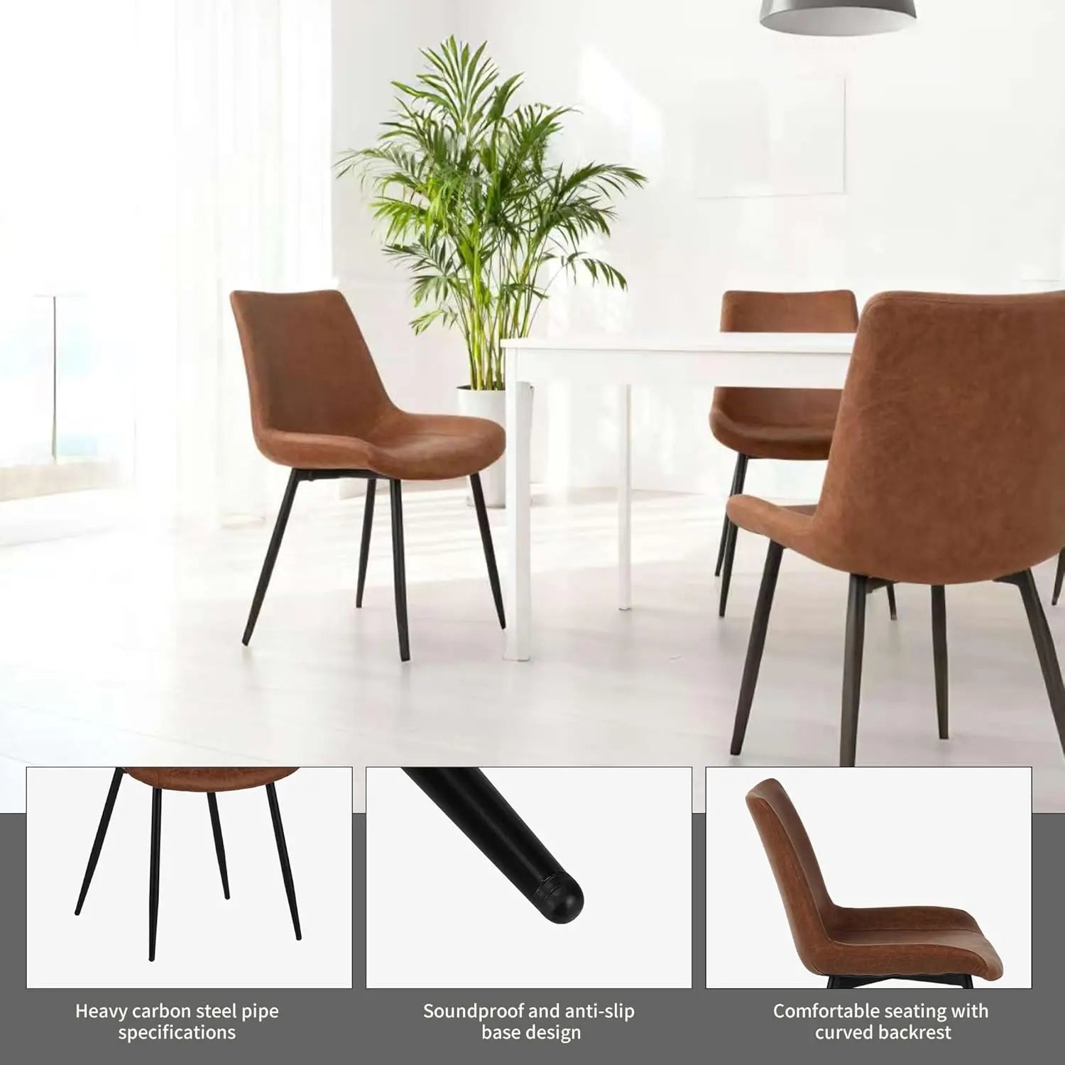 QIHAI Dining Chairs Set of 4, Upholstered Faux Leather Cushion Seat and Sturdy Metal Legs for Living Room Bedroom Outdoor Lounge,Brown QIHAI