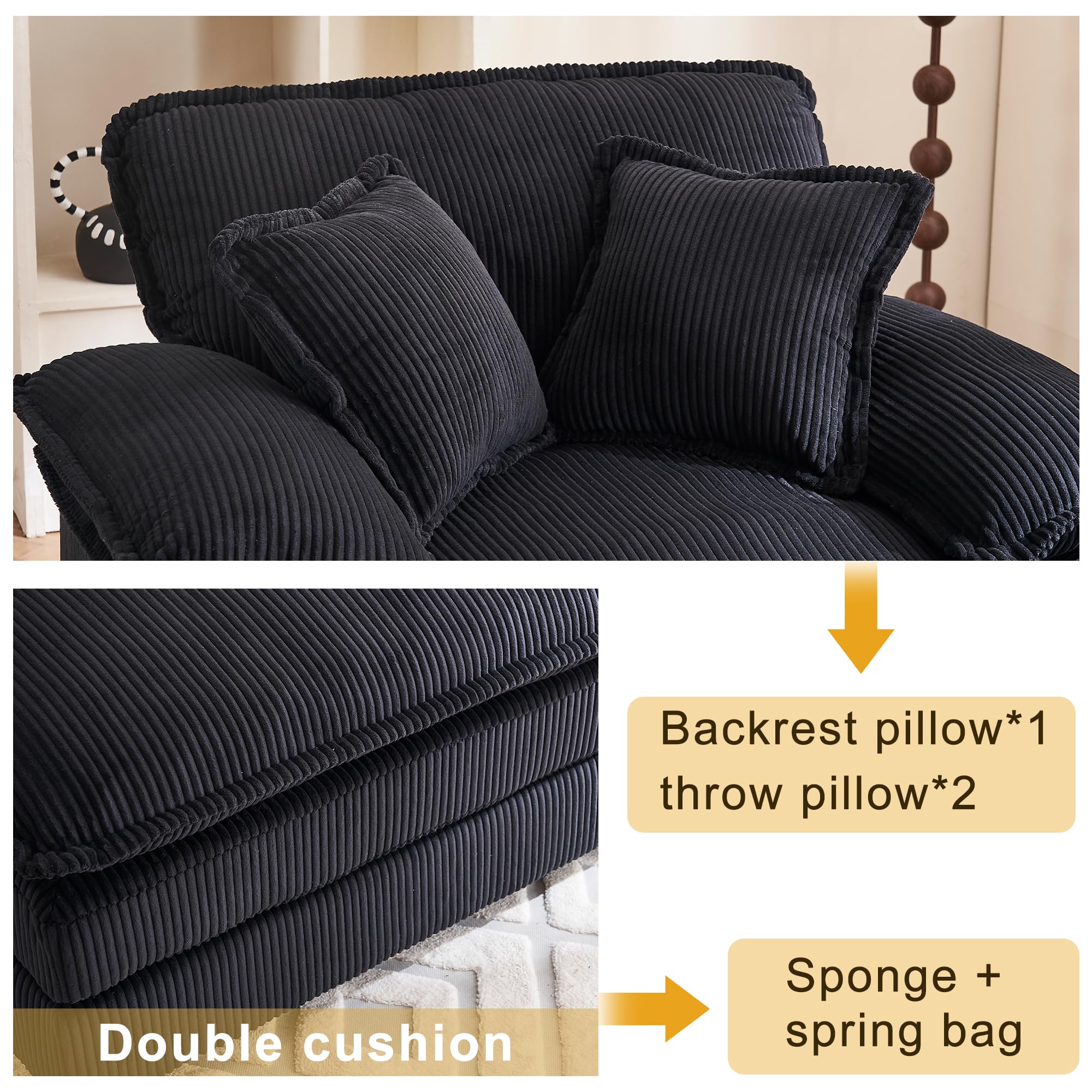 46.9" Extra-Large Reclining Sofa,Cloud Sofa Set, Equipped with 2 Soft Cushions. Single-Person Comfortable Sofa. Suitable for Living Rooms, Apartments and Offices (Black)