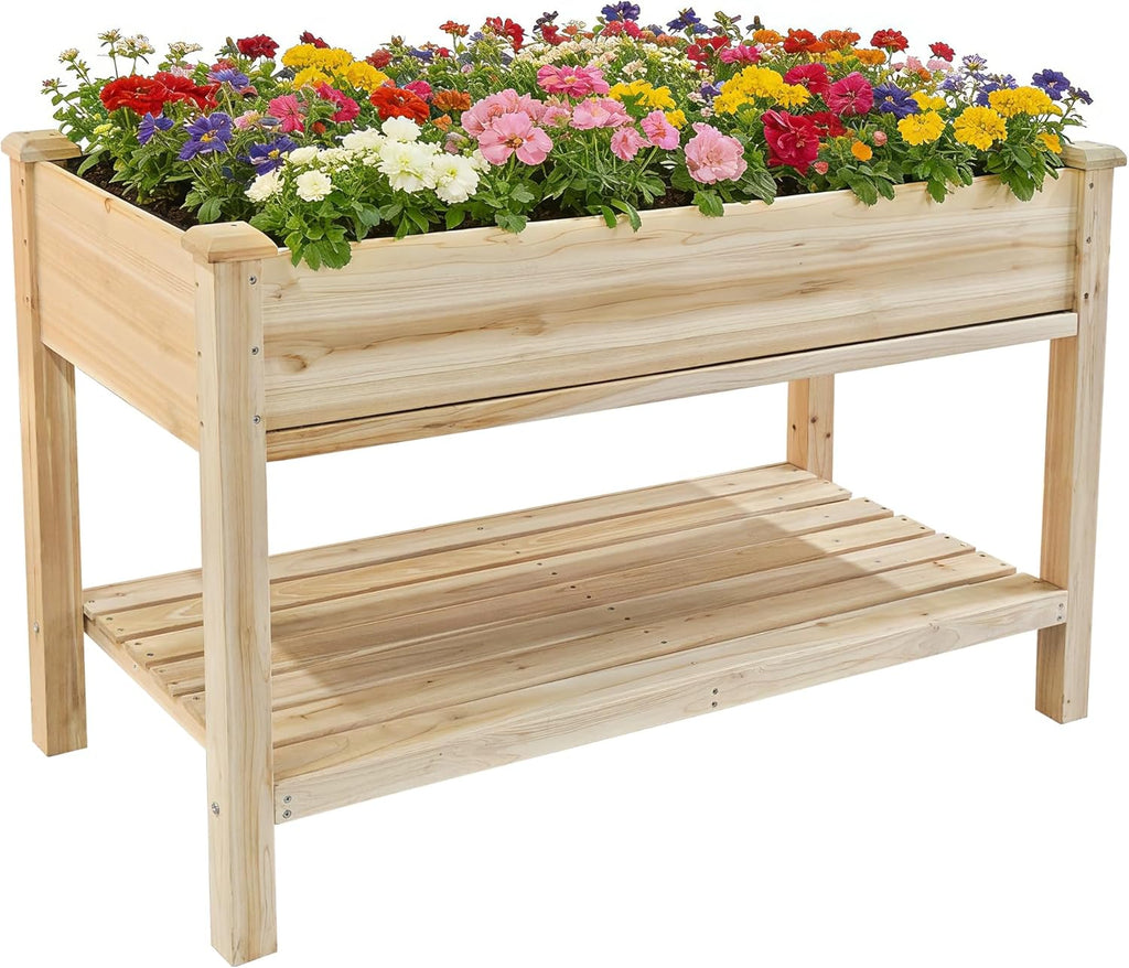 Outdoor Wood Raised Garden Bed,Storage Shelf, Elevated Reinforced Large Planter Box for Vegetable Flower Backyard Patio Gardening Balcony,48x23x31.1-inch