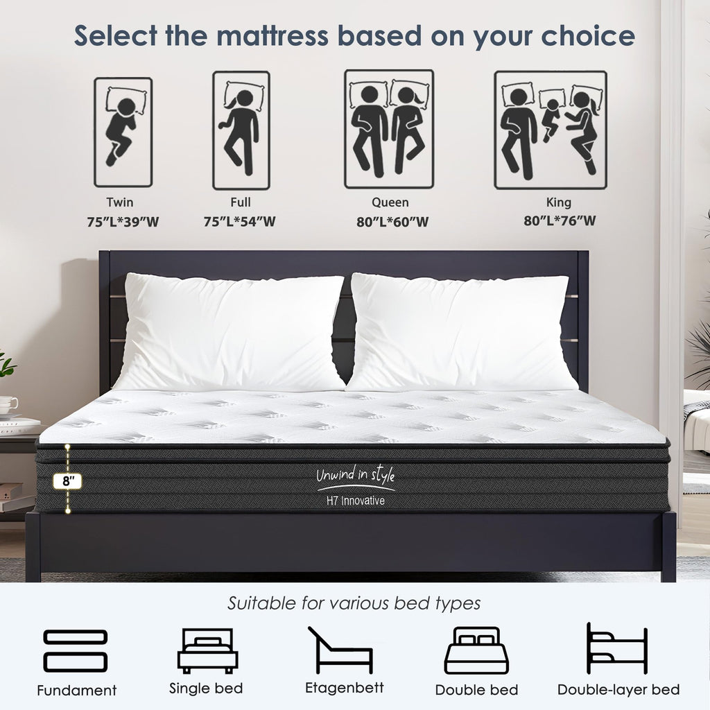 Queen 8 inch Mixed Mattress, Spring Mattress in Independent Packaging Bag, Breathable and Comfortable, Decompression, Including Gel Memory Foam, Suitable for Various bedsteads (8 Inch, Queen)
