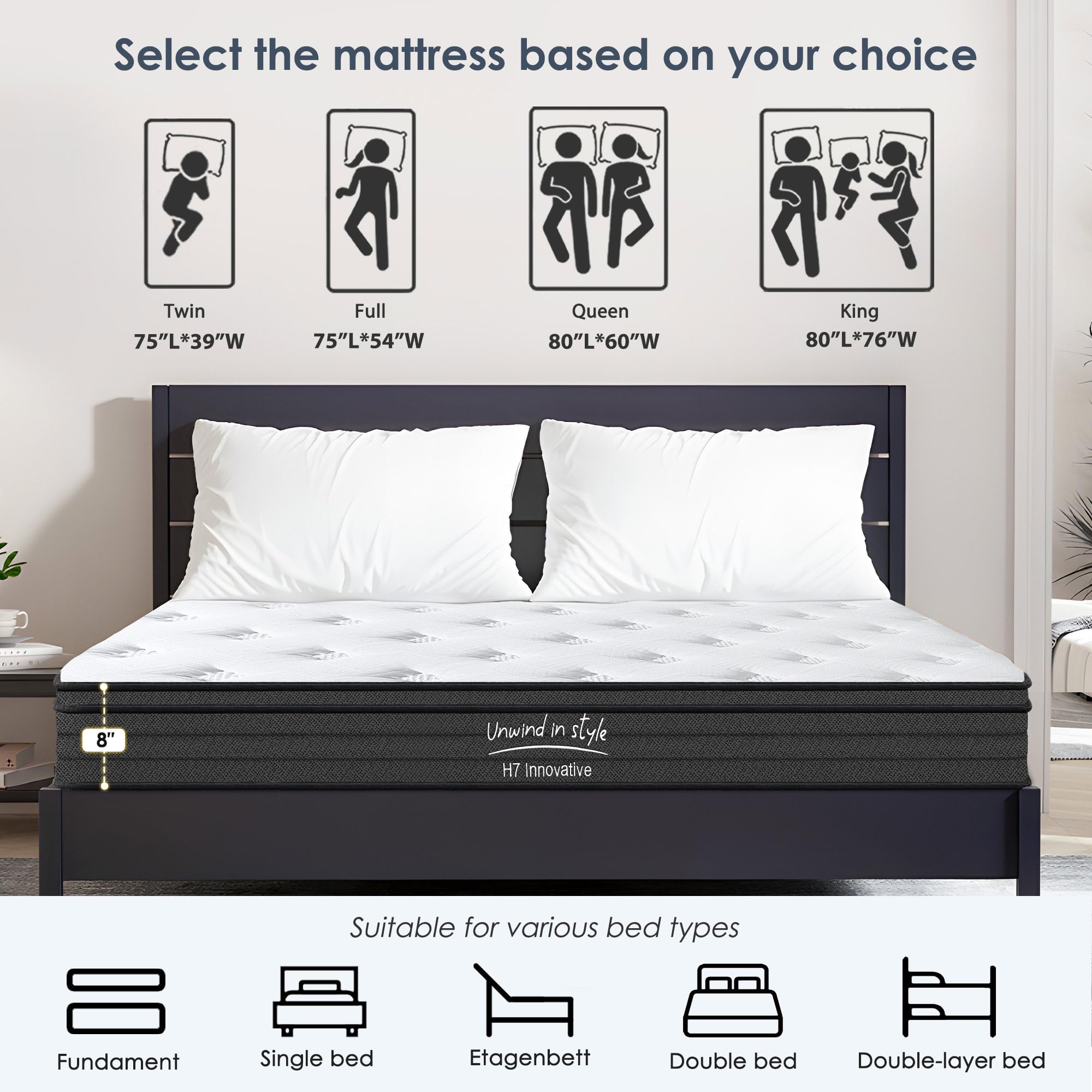 Queen 8 inch Mixed Mattress, Spring Mattress in Independent Packaging Bag, Breathable and Comfortable, Decompression, Including Gel Memory Foam, Suitable for Various bedsteads (8 Inch, Queen)