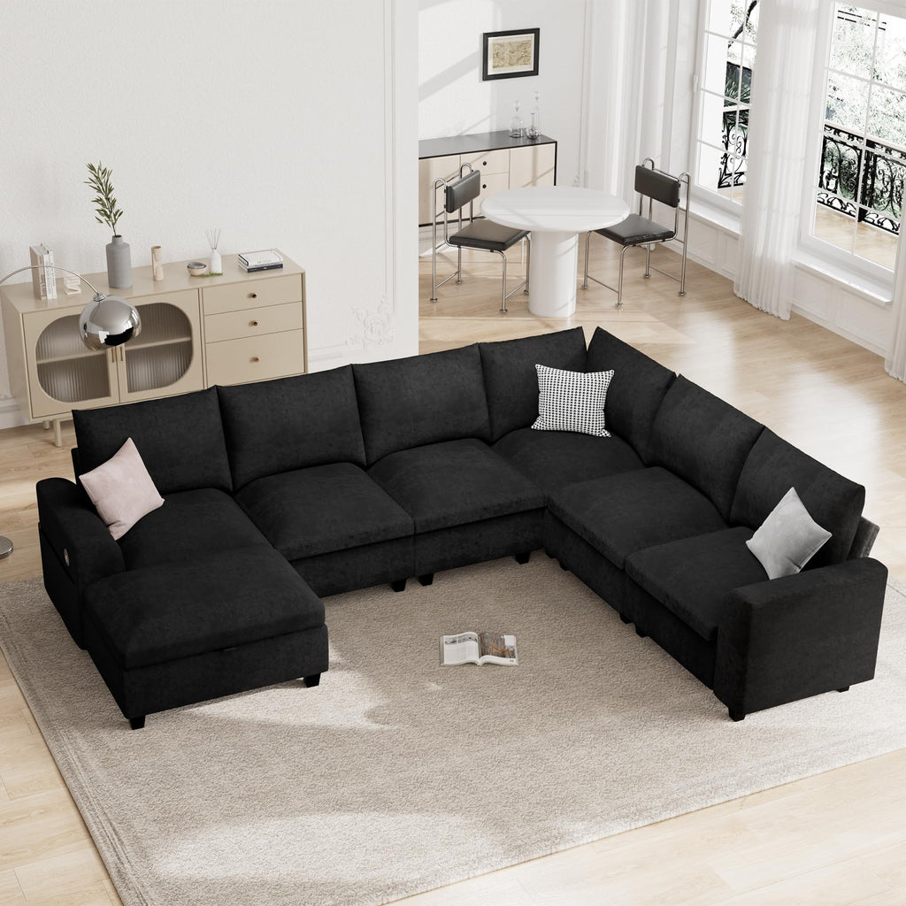 120.1" L Shaped Modular Sectional Sofa, 7 Seater Sectional Sofa with Storage Ottoman, L Shaped Cloud Couch Corner Sofa Oversized Modular Sectional Couch for Living Room (Black)