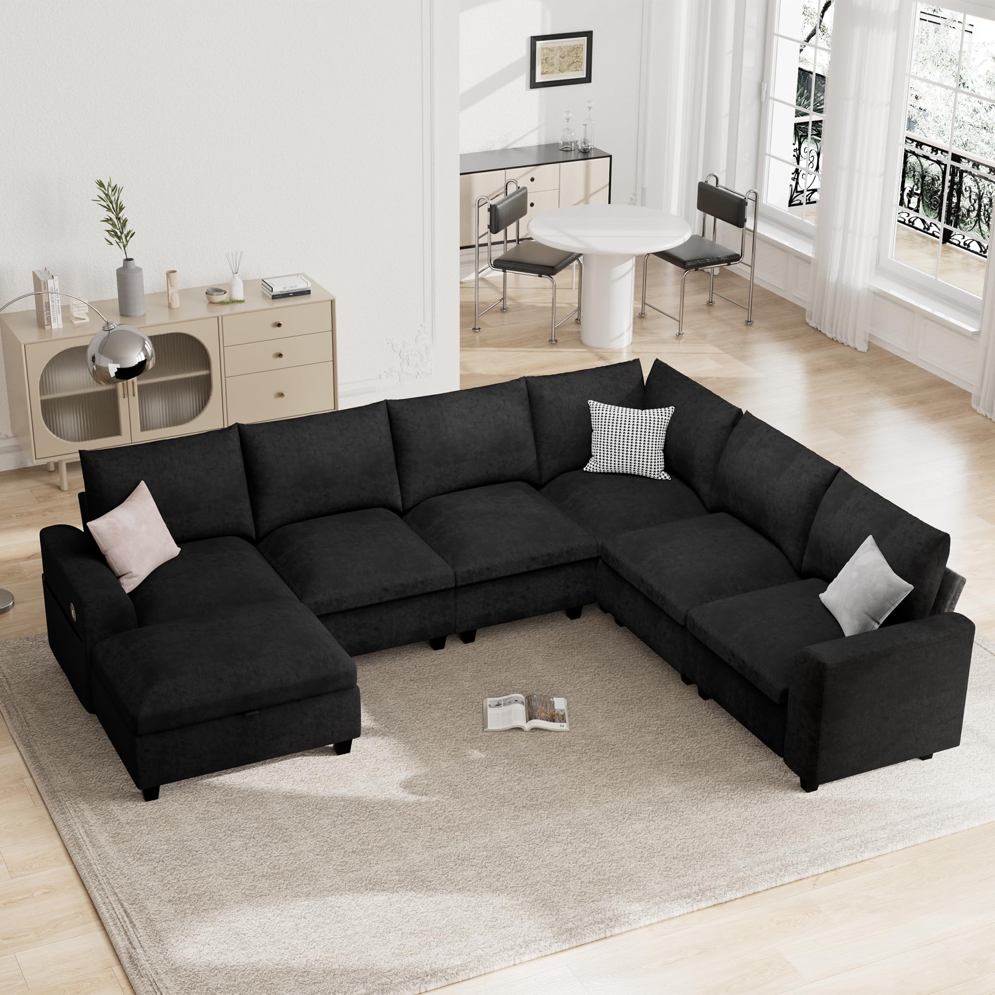 120.1" L Shaped Modular Sectional Sofa, 7 Seater Sectional Sofa with Storage Ottoman, L Shaped Cloud Couch Corner Sofa Oversized Modular Sectional Couch for Living Room (Black)
