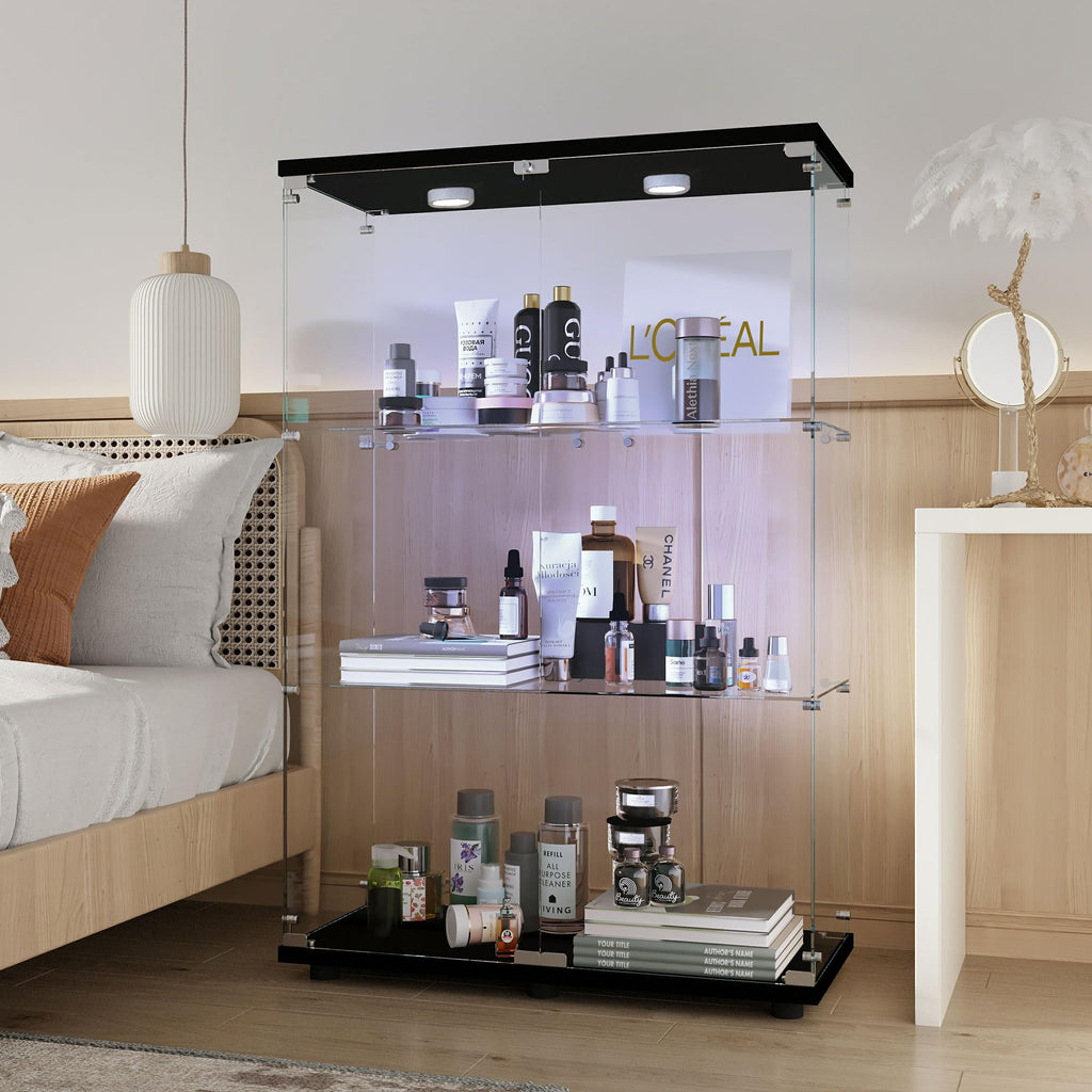 Glass Display Case with Lights,Tempered Glass Curio Cabinets with Glass Doors and Lock,Glass Display Cabinet for Bedroom, Living Room,Kitchen (White, 2 Door-5 Tier)