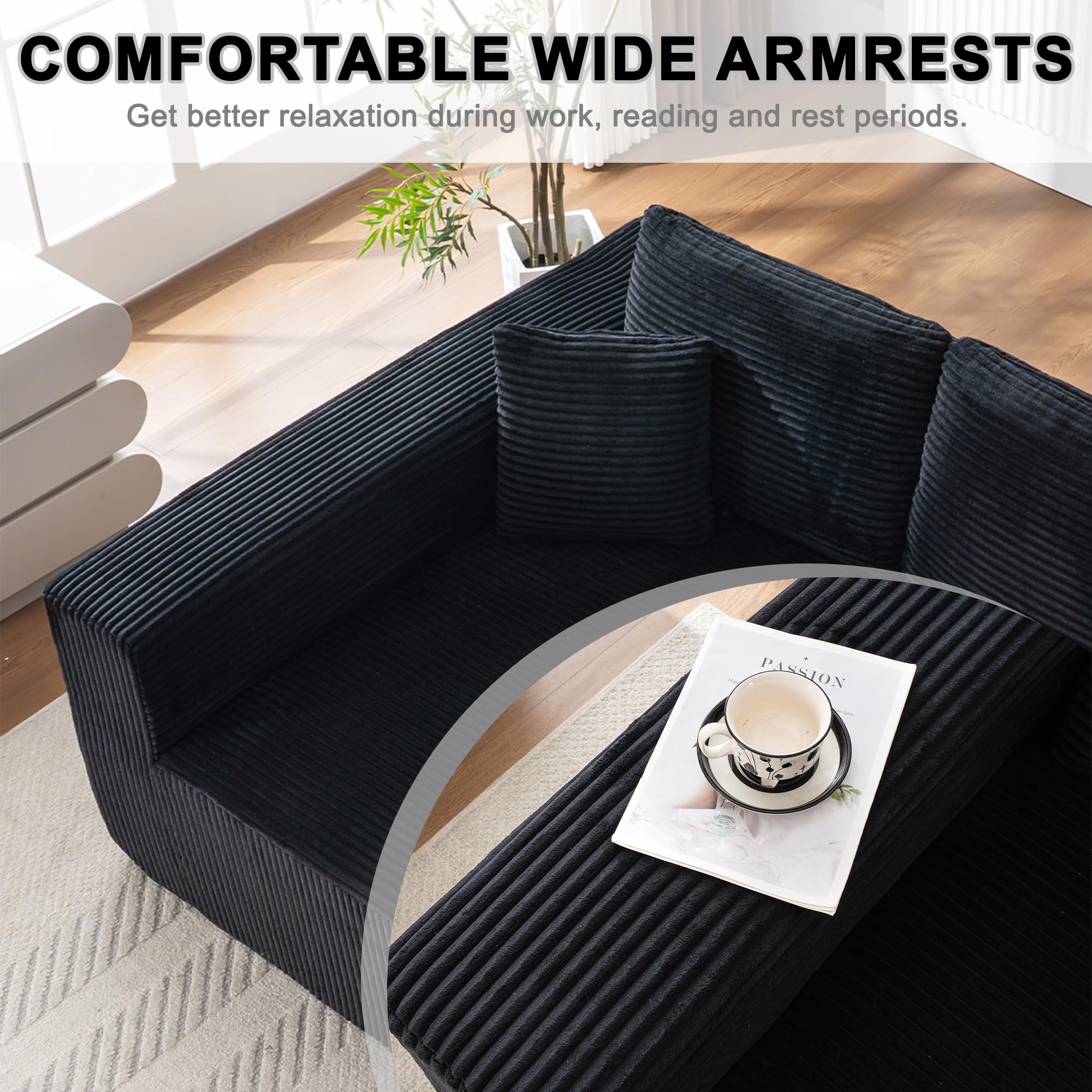 Living Room Wide Armchair Sofa, Modern Modular Recliner Sofa, L-Shaped Cloud Sofa, No Assembly Required, Corduroy Fabric, Soft and Comfortable (Foam + Gray + Corduroy + 3 Seat)