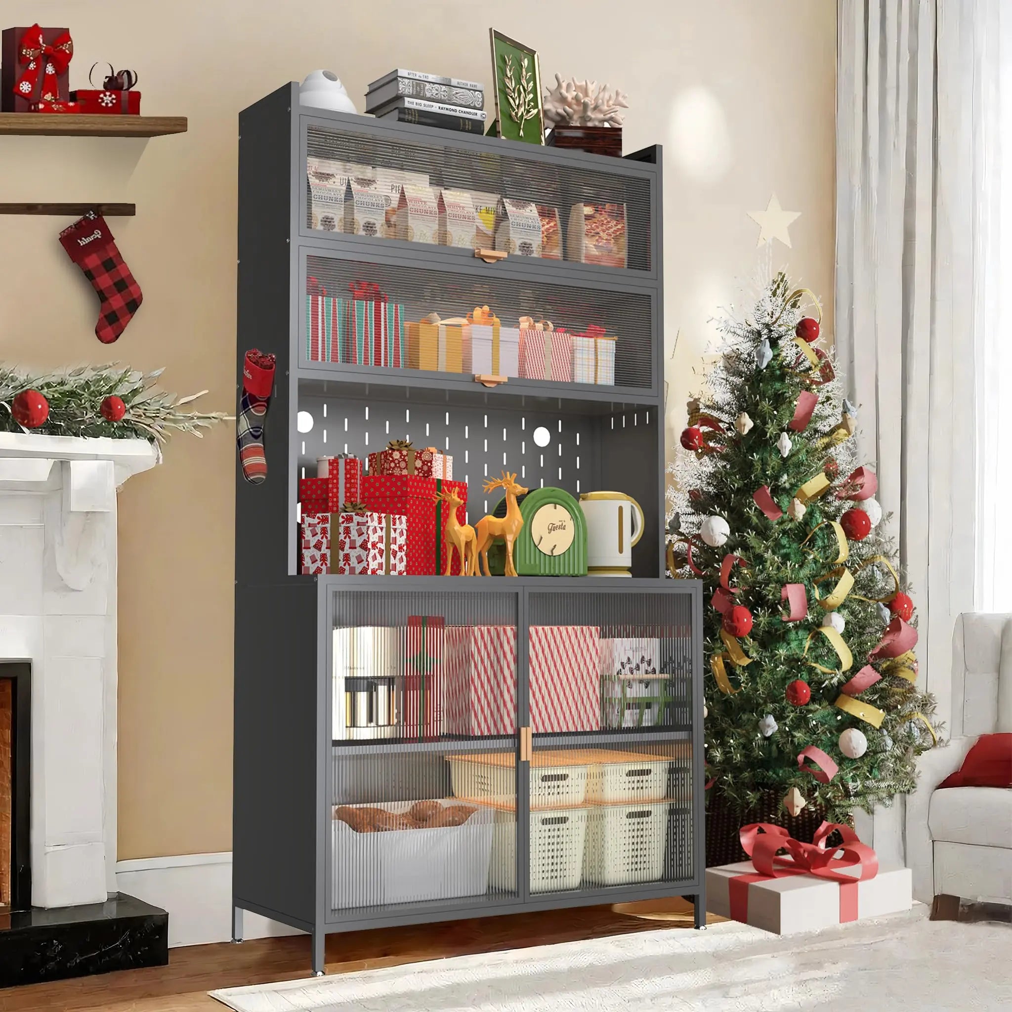 73'' Tall Kitchen Pantry Cabinet, 6 Level Flip Door with Pegboard Metal Pantry Storage Cabinet, Anti-Tip Design Hutch for Kitchen, Dining Room, Living Room,Grey QIHAI