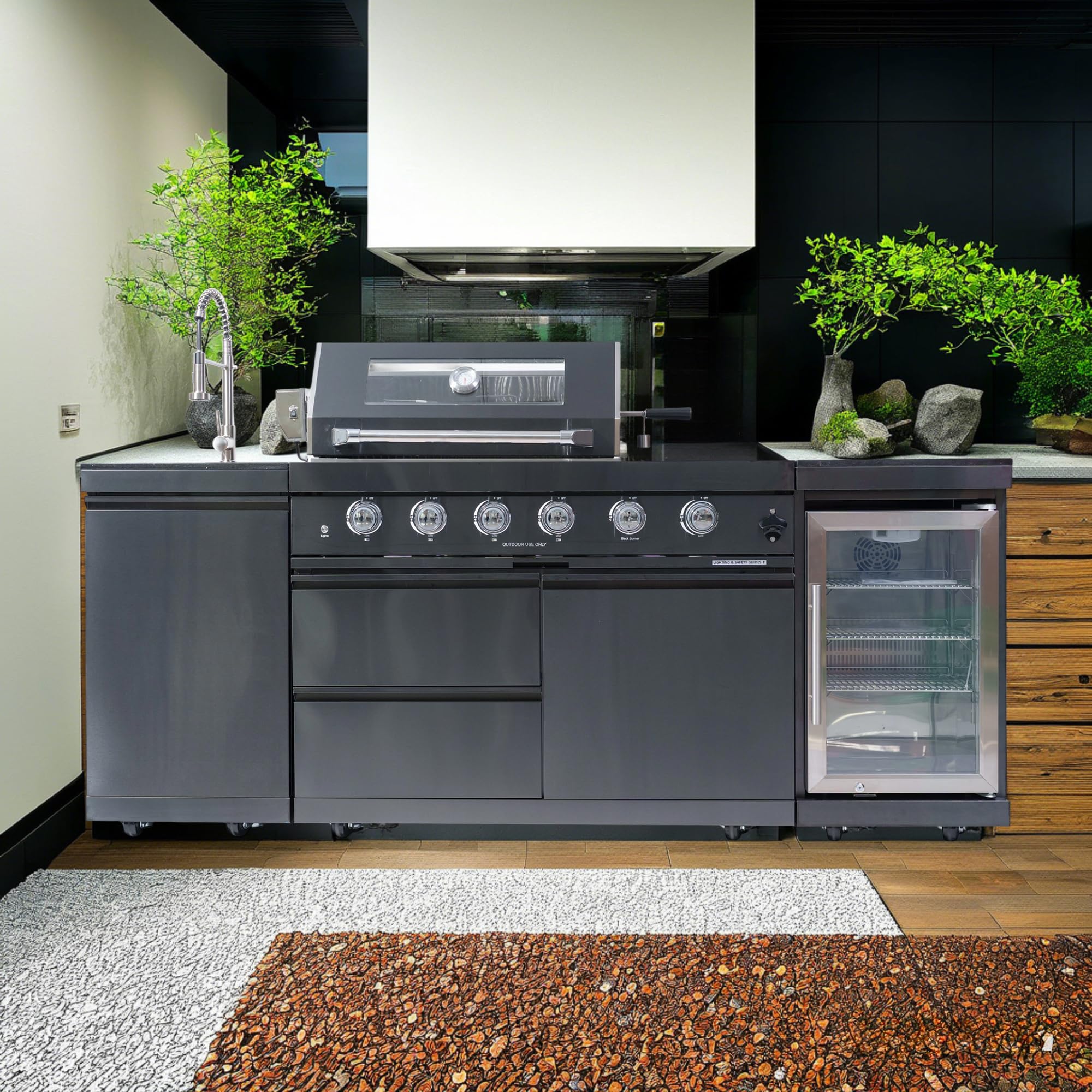 46-Inch 4-Burner 72000 BTU Deluxe Stainless Steel Gas Outdoor Kitchen Bar Barbecue Island Grill, Wine Cooler Compact Refrigerator, Rotisserie, Granite Countertops, Stainless steel Sink,Black