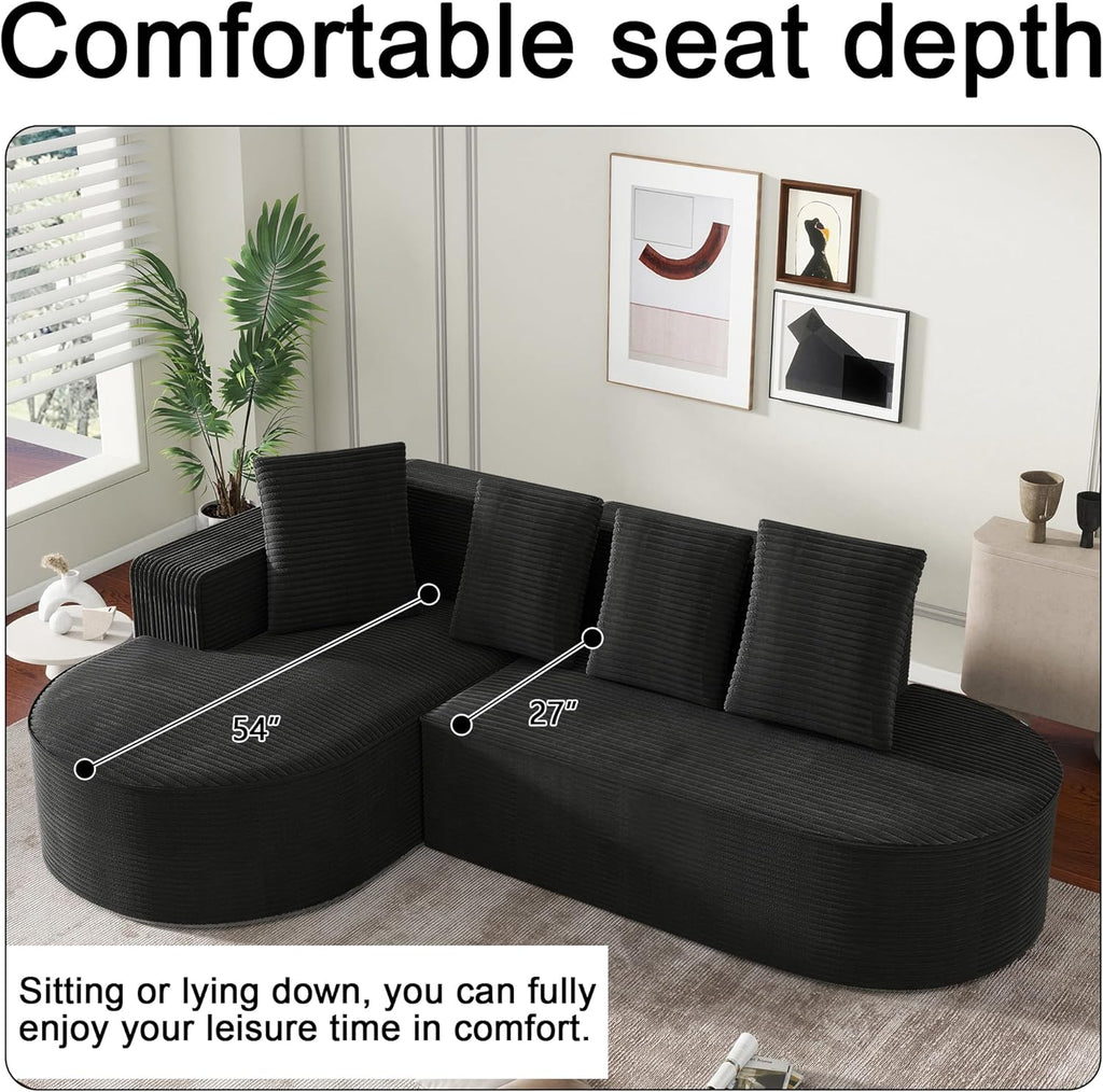 104" Corduroy Sectional Couch, Boneless L Shaped Couch with Deep Seat, Cloud Foam Sofa with Chaise, Sectional Sofa No Assembly Needed for Living Room (Foam + Black + Corduroy + 3 Seat)