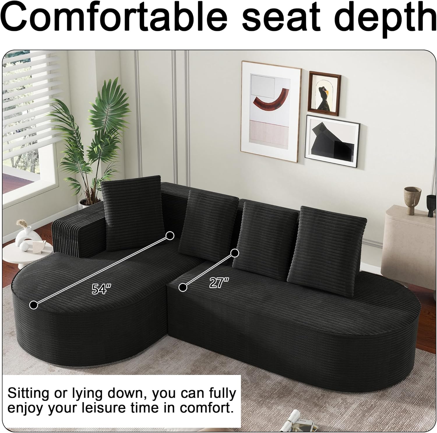 104" Corduroy Sectional Couch, Boneless L Shaped Couch with Deep Seat, Cloud Foam Sofa with Chaise, Sectional Sofa No Assembly Needed for Living Room (Foam + Black + Corduroy + 3 Seat)