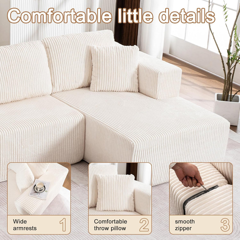130" Oversized Cloud Boneless Sofa Couch with Chaise, Modern Corduroy U Shaped Modular Sectional Sofa with Deep Seat, No Assembly Required (Foam + White + Corduroy + 3 Seat)
