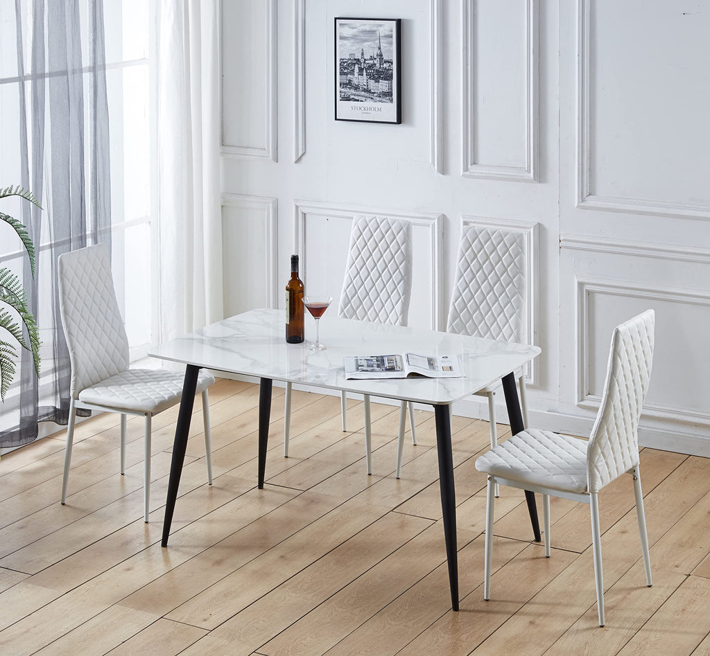 Dining Chairs Set of 4, Dining Chairs with Cushions, PU Leather Upholstered Kitchen Dining Room Chairs with Metal Legs for Dining Living Room (White, 4 PCS)