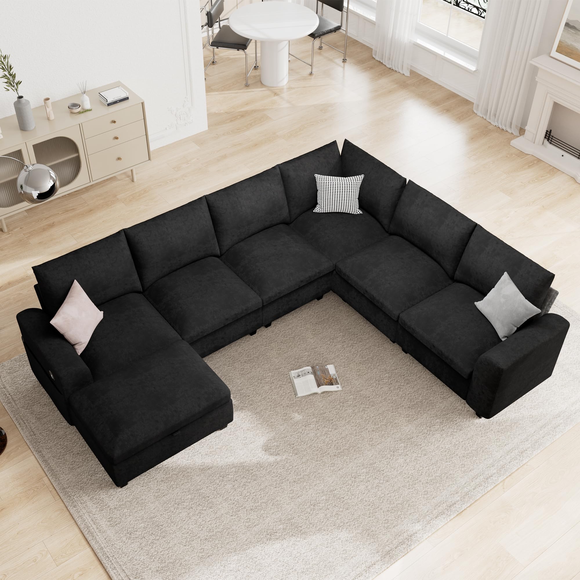 120.1" L Shaped Modular Sectional Sofa, 7 Seater Sectional Sofa with Storage Ottoman, L Shaped Cloud Couch Corner Sofa Oversized Modular Sectional Couch for Living Room (Black)