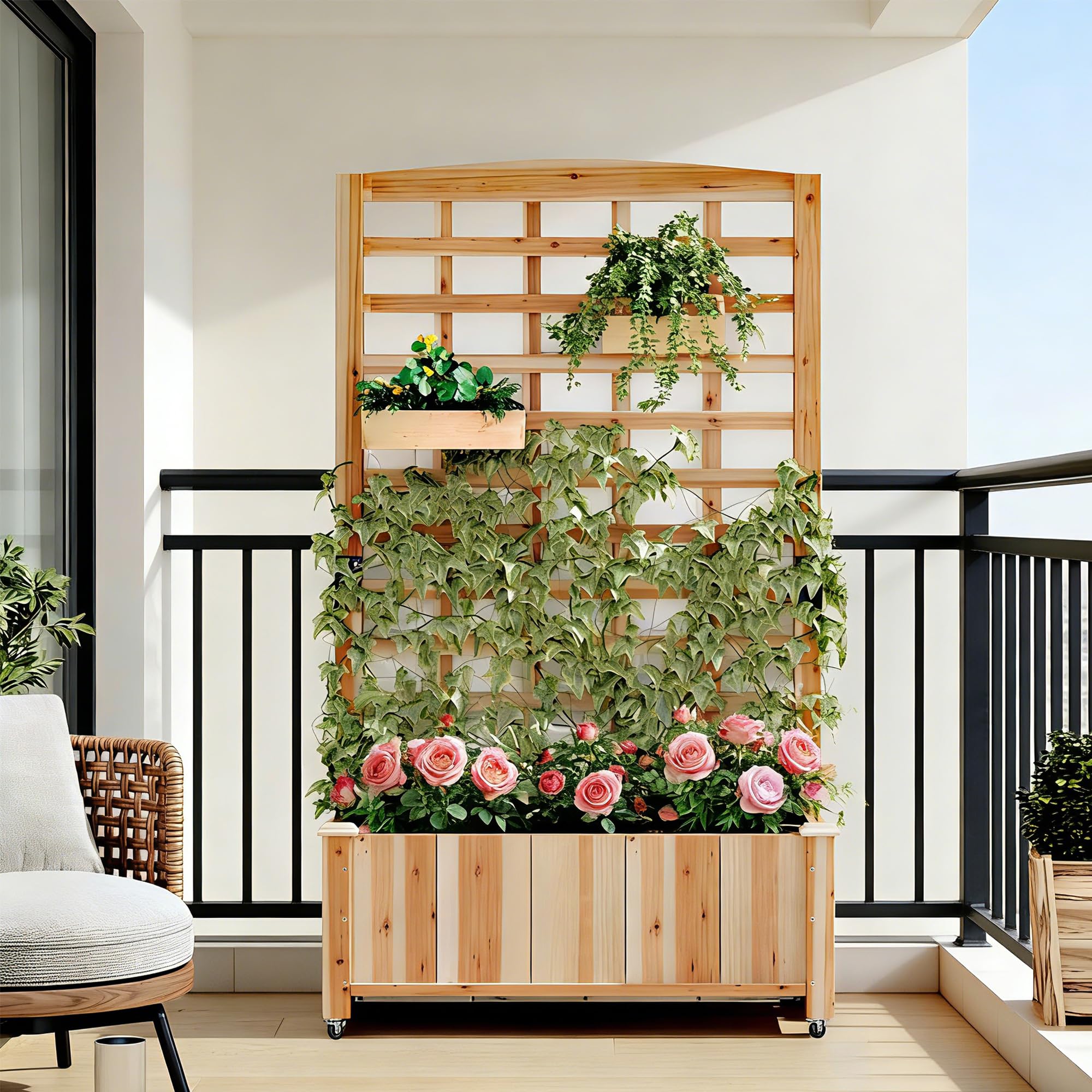 Wooden Raised Garden Bed with Trellis, Outdoor Free-Standing Trellis Planter, Standing Elevated Planter Box for Vegetables,Flowers, Fruits (35.4" L x 15.7" W x 59.4" H)
