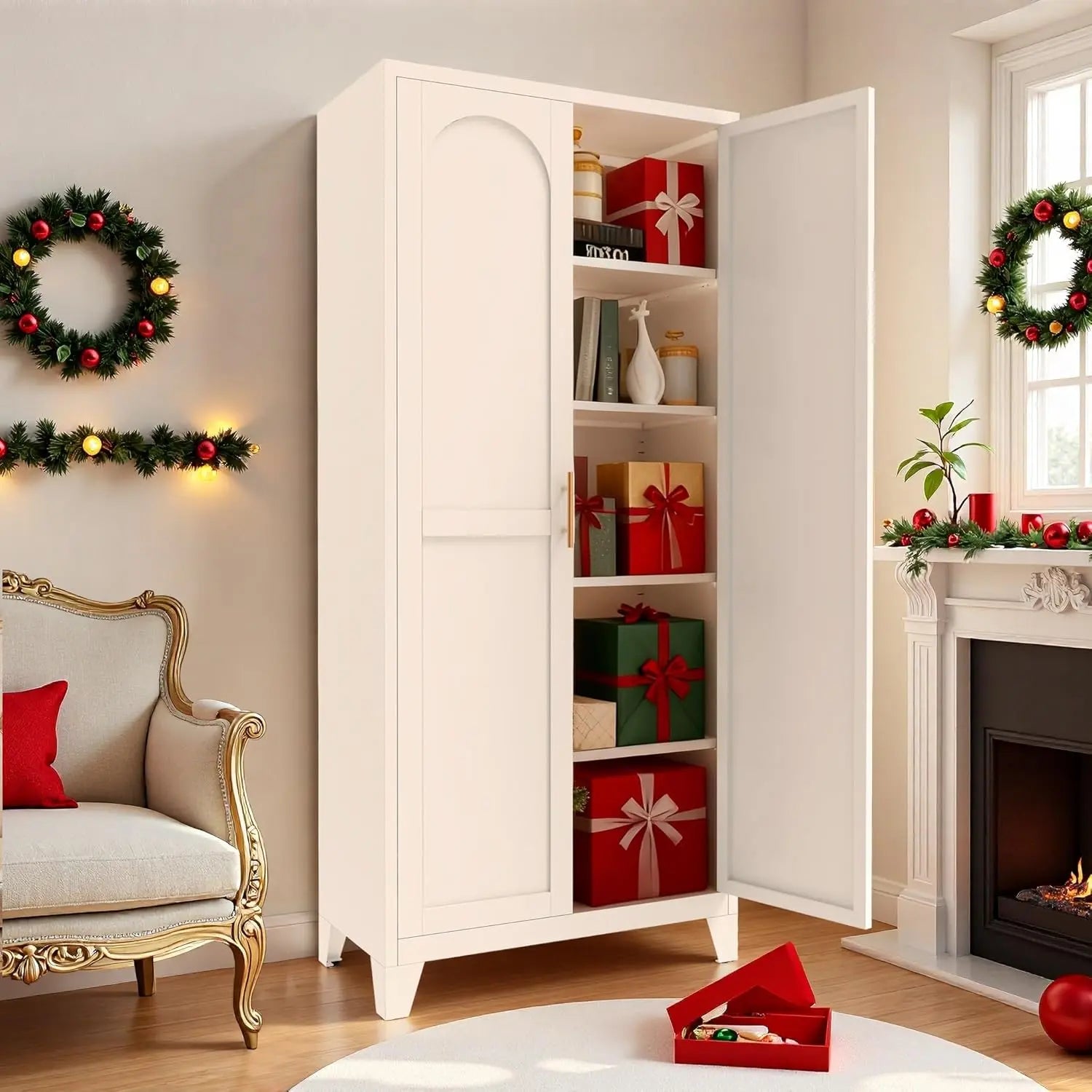QIHAI 71'' 2 Shapely Doors Cabinet, Metal Storage Cabinet with Doors and Adjustable Shelves, for Kitchen, Dining Room, Living Room,White QIHAI