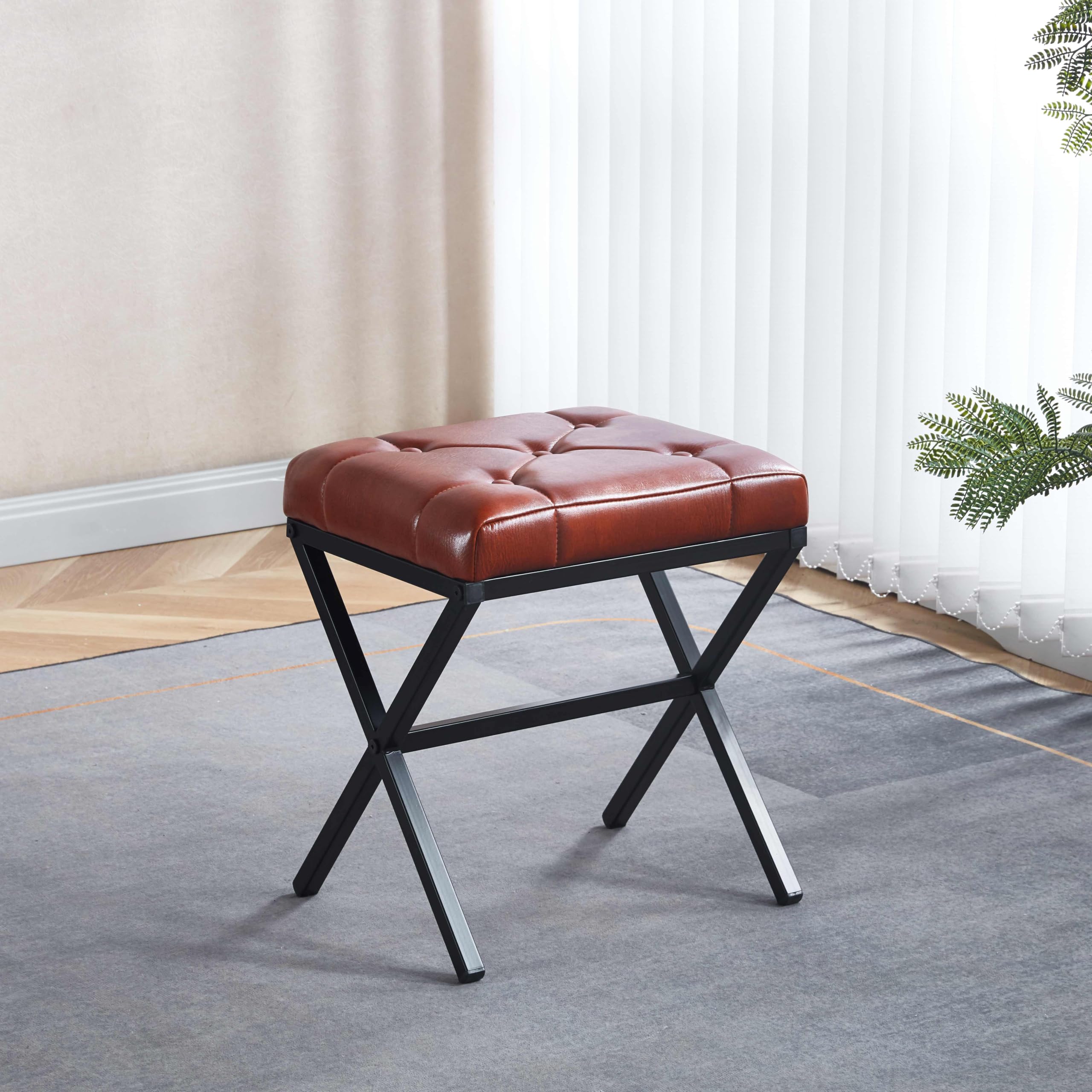 Vanity Stool - Square Faux Leather Makeup Seat with Metal X Legs, Small Ottoman Chair for Makeup Room, Living Room - Modern Padded Foot Rest (Dark Brown)