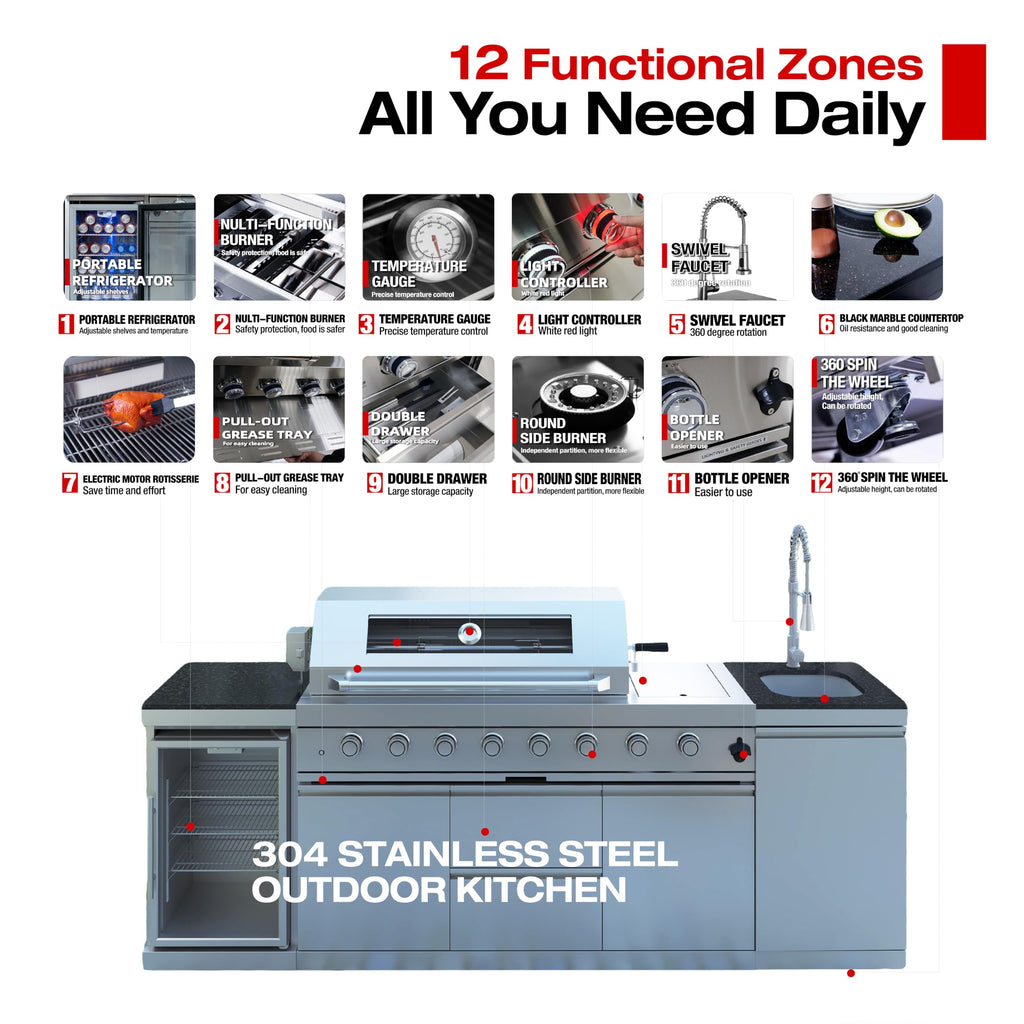 46-Inch 4-Burner 72000 BTU Deluxe Stainless Steel Gas Outdoor Kitchen Bar Barbecue Island Grill, Wine Cooler Compact Refrigerator, Rotisserie, Granite Countertops, Stainless steel Sink,Black