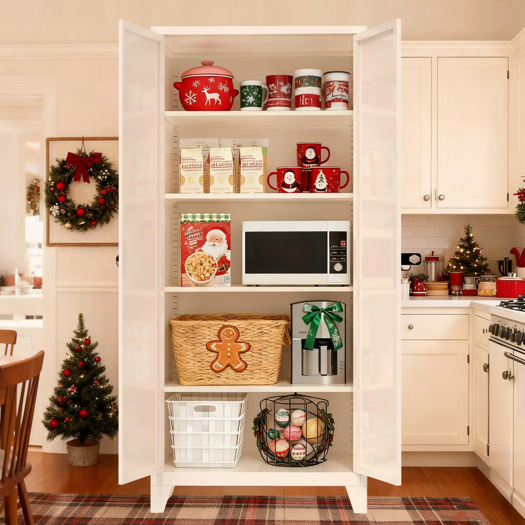 QIHAI Kitchen Pantry Cabinet,71'' 2 Shapely Door Cabinet with Lock, Metal Storage Cabinet with Doors and Adjustable Shelves, forKitchen, Dining Room, Living Room (Cream, 71" Tall) QIHAI