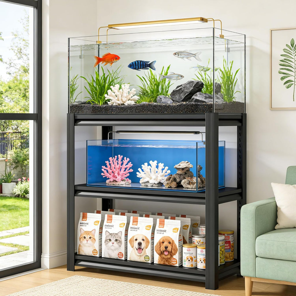 30-40 Gallon Fish Tank Stand - Metal Aquarium Stand, 47.2" W x 18"D x 39" H Adjustable Heavy Duty Garage Storage Shelving Rack, 3-Tier Fish Tank Rack Shelf for Home Office, Tank Not Included,Black