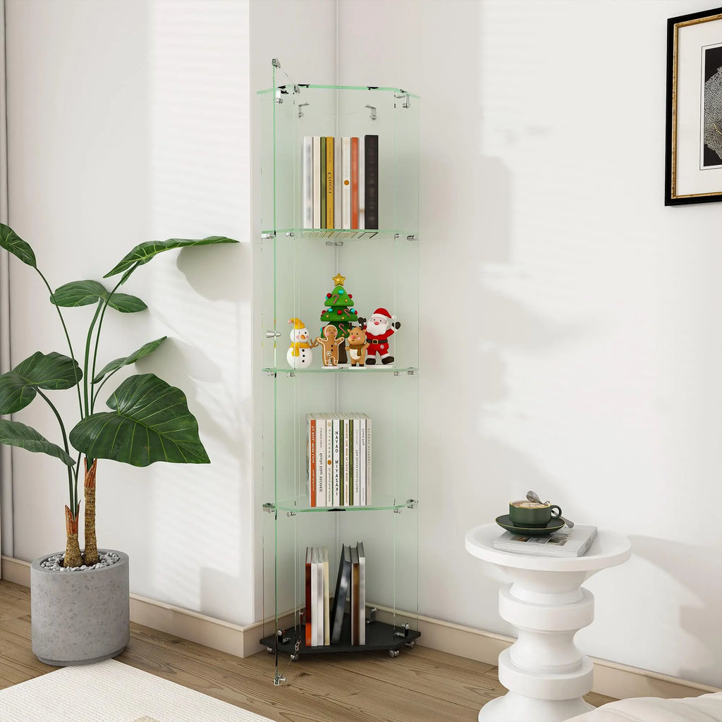 QIHAI Glass Display Cabinet,Premium 4-Tier Diamond Glass Display Case with 5 Dynamic LED Modes, Tempered Glass Curio Cabinet for Collectibles & Decor (62.99x27.56x11.81 Inches) QIHAI