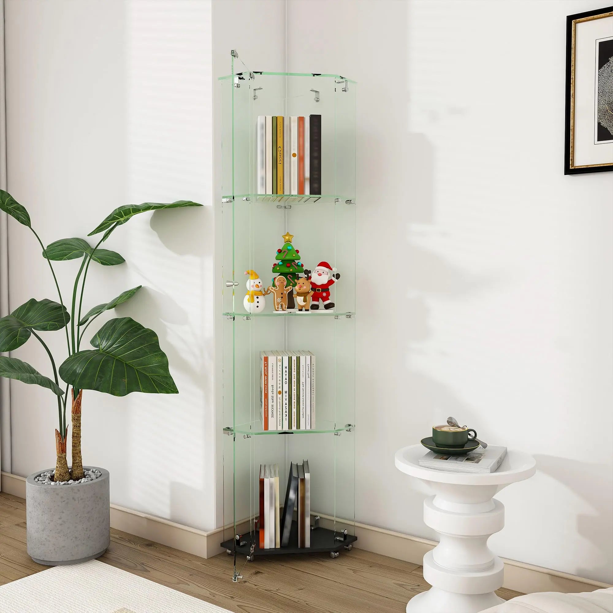 QIHAI Glass Display Cabinet,Premium 4-Tier Diamond Glass Display Case with 5 Dynamic LED Modes, Tempered Glass Curio Cabinet for Collectibles & Decor (62.99x27.56x11.81 Inches) QIHAI