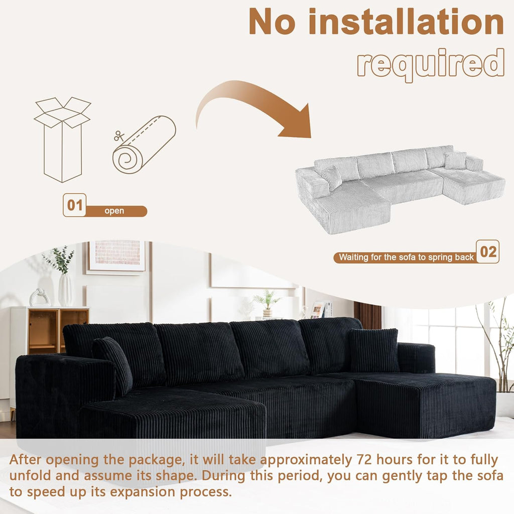 130" Oversized Cloud Boneless Sofa Couch with Chaise, Modern Corduroy U Shaped Modular Sectional Sofa with Deep Seat, No Assembly Required (Foam + White + Corduroy + 3 Seat)