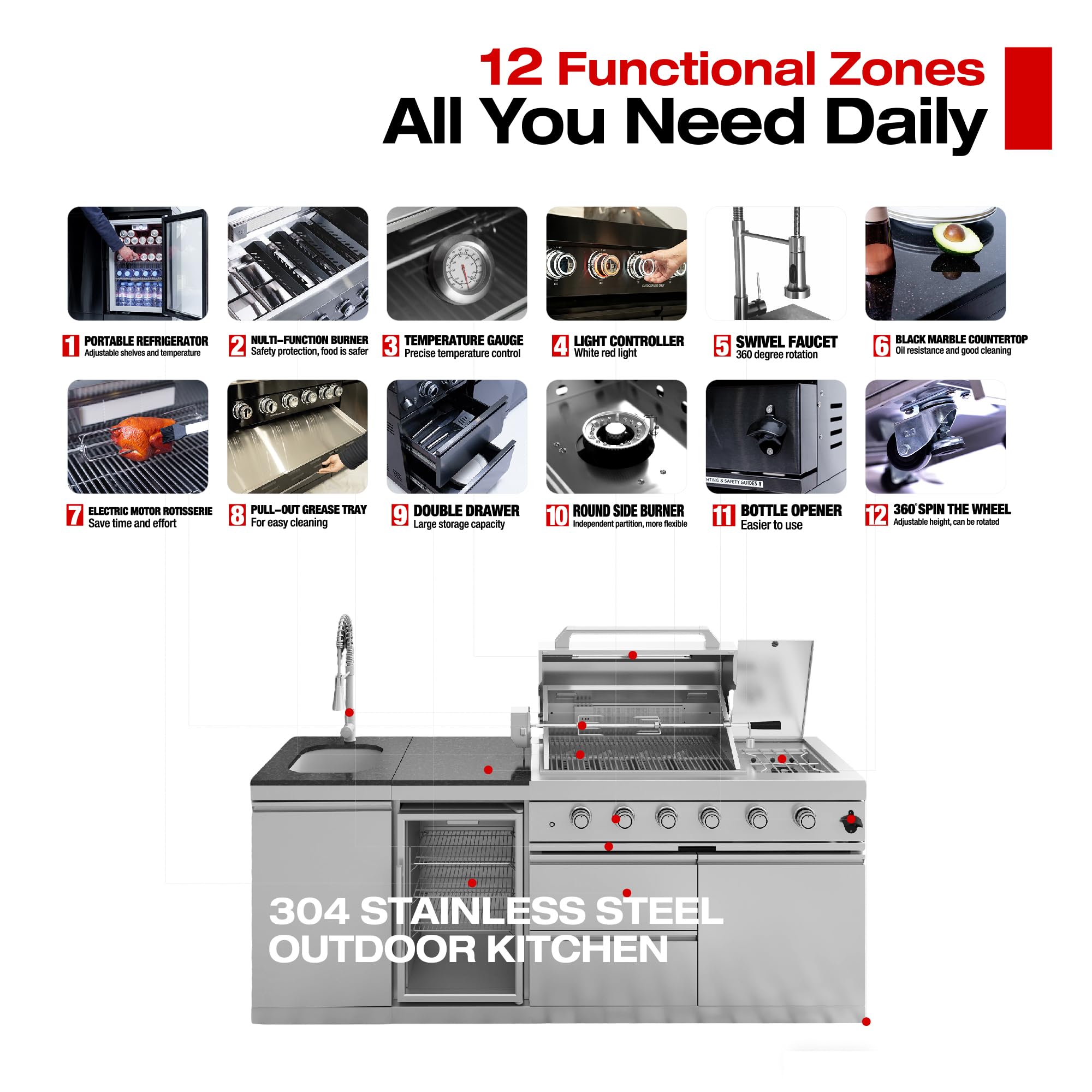 46-Inch 4-Burner 72000 BTU Deluxe Stainless Steel Gas Outdoor Kitchen Bar Barbecue Island Grill, Wine Cooler Compact Refrigerator, Rotisserie, Granite Countertops, Stainless steel Sink,Black