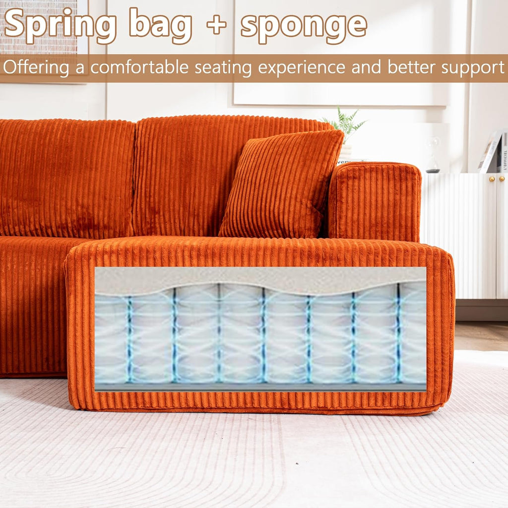 130" Oversized Cloud Boneless Sofa Couch with Chaise, Modern Corduroy U Shaped Modular Sectional Sofa with Deep Seat, No Assembly Required (Foam + White + Corduroy + 3 Seat)