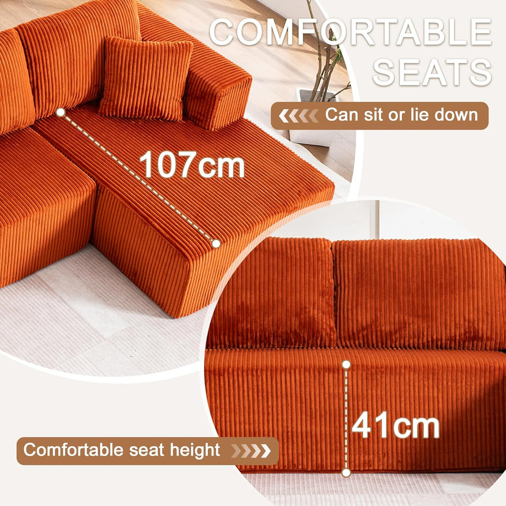 130" Oversized Cloud Boneless Sofa Couch with Chaise, Modern Corduroy U Shaped Modular Sectional Sofa with Deep Seat, No Assembly Required (Foam + White + Corduroy + 3 Seat)