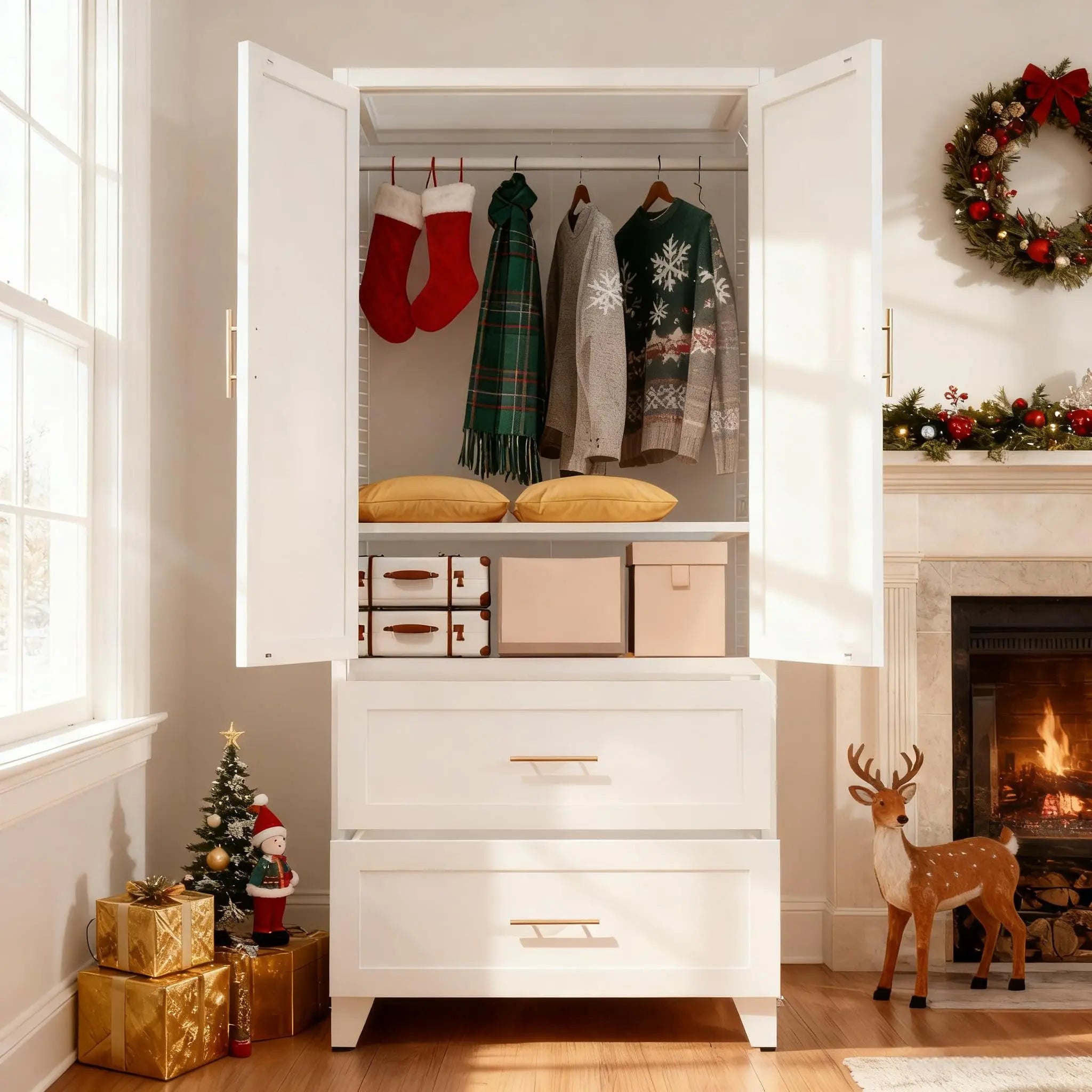 QIHAI Bedroom Armoires,71" Tall Metal Wardrobe Cabinet with 2 Drawers and Hanging Rod, 2 Doors Wardrobe Closet with Shelf for Bedroom, Office, Laundry Room,Entryway,Foyer,Guesthouse,White QIHAI