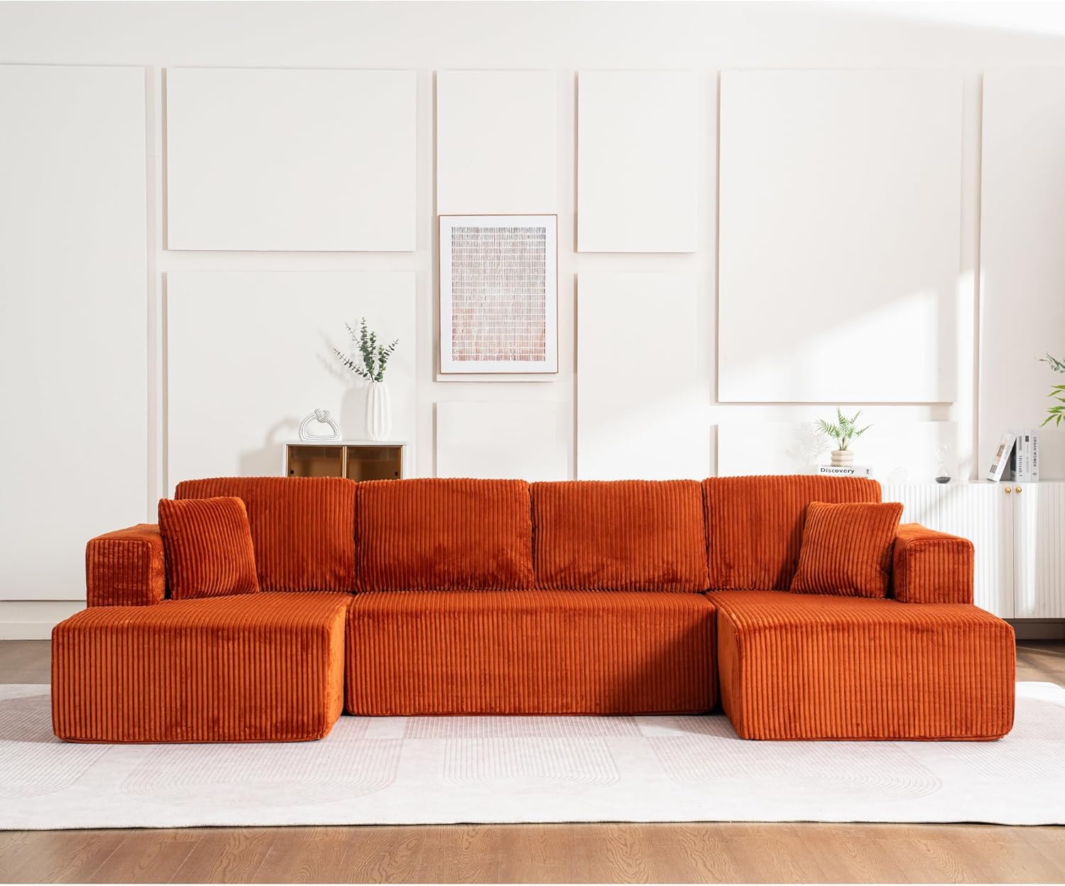 130" Oversized Cloud Boneless Sofa Couch with Chaise, Modern Corduroy U Shaped Modular Sectional Sofa with Deep Seat, No Assembly Required (Foam + White + Corduroy + 3 Seat)