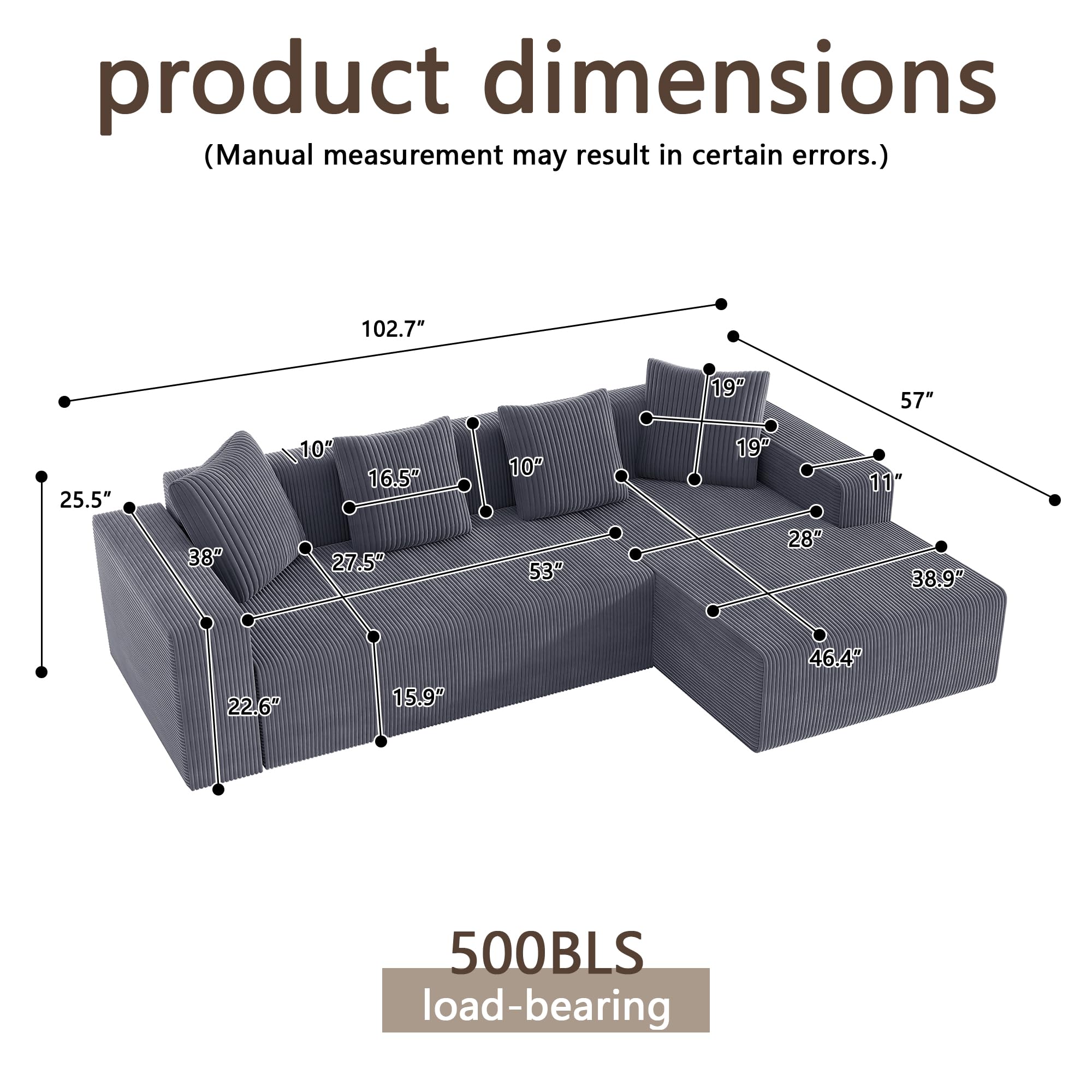 102.7" Corduroy Sectional Couch, Boneless L Shaped Couch with Deep Seat, Cloud Foam Sofa with Chaise, Sectional Sofa No Assembly Needed for Living Room and Bedroom (Black + Corduroy + 3 Seat + Foam)