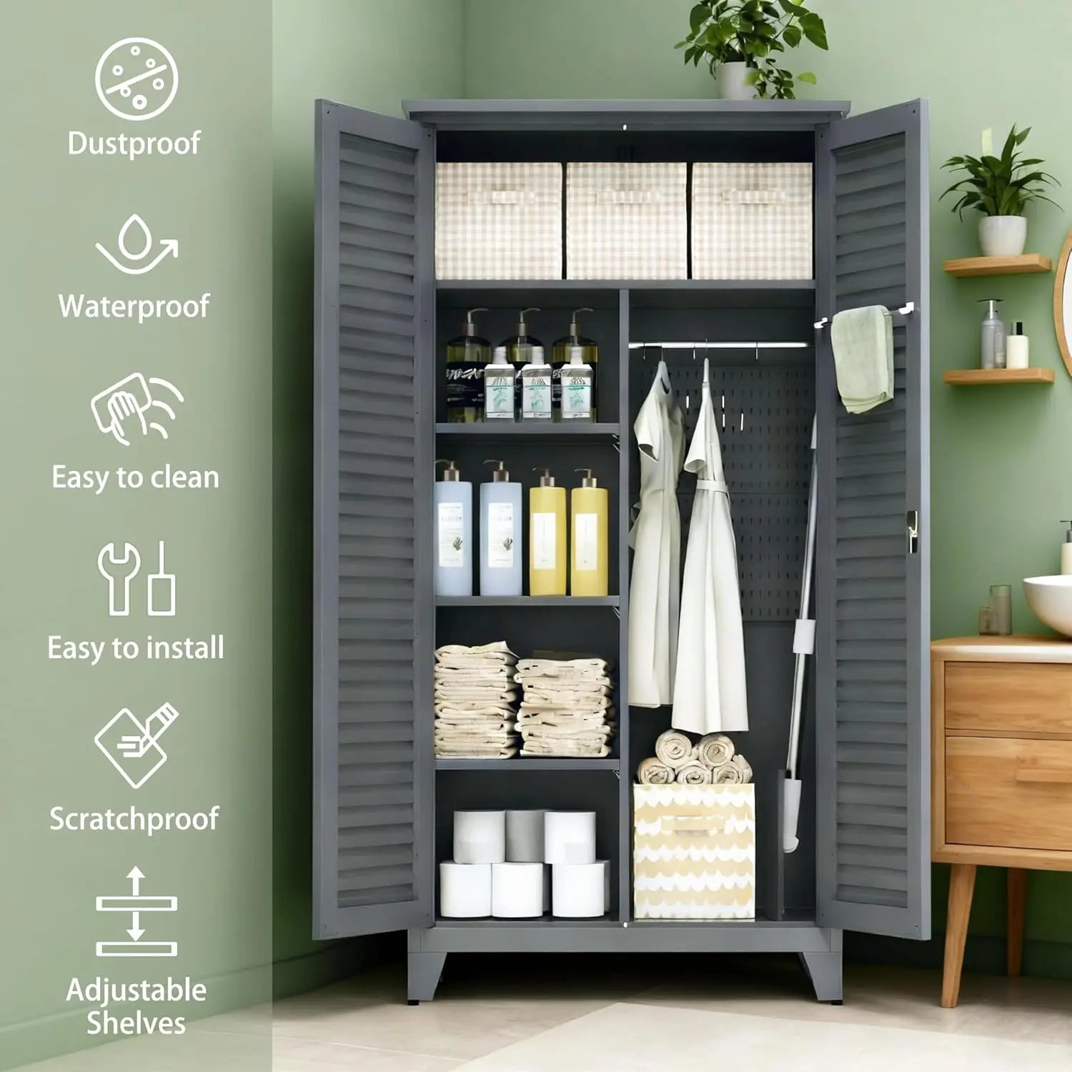 QIHAI Tool Chests & Cabinets,47'' Tall Metal Tool Storage Cabinet, with Ample Storage Space for Garage,Warehouse,Garden,Office, Living Room,Bathroom,Utility Room (47'' Tall + Slate + Steel) QIHAI