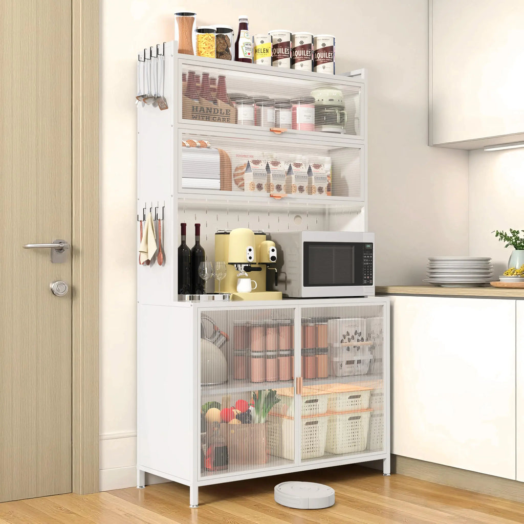 73'' Tall Kitchen Pantry Cabinet, 6 Level Flip Door with Pegboard Metal Pantry Storage Cabinet, Anti-Tip Design Hutch for Kitchen, Dining Room, Living Room,Grey QIHAI