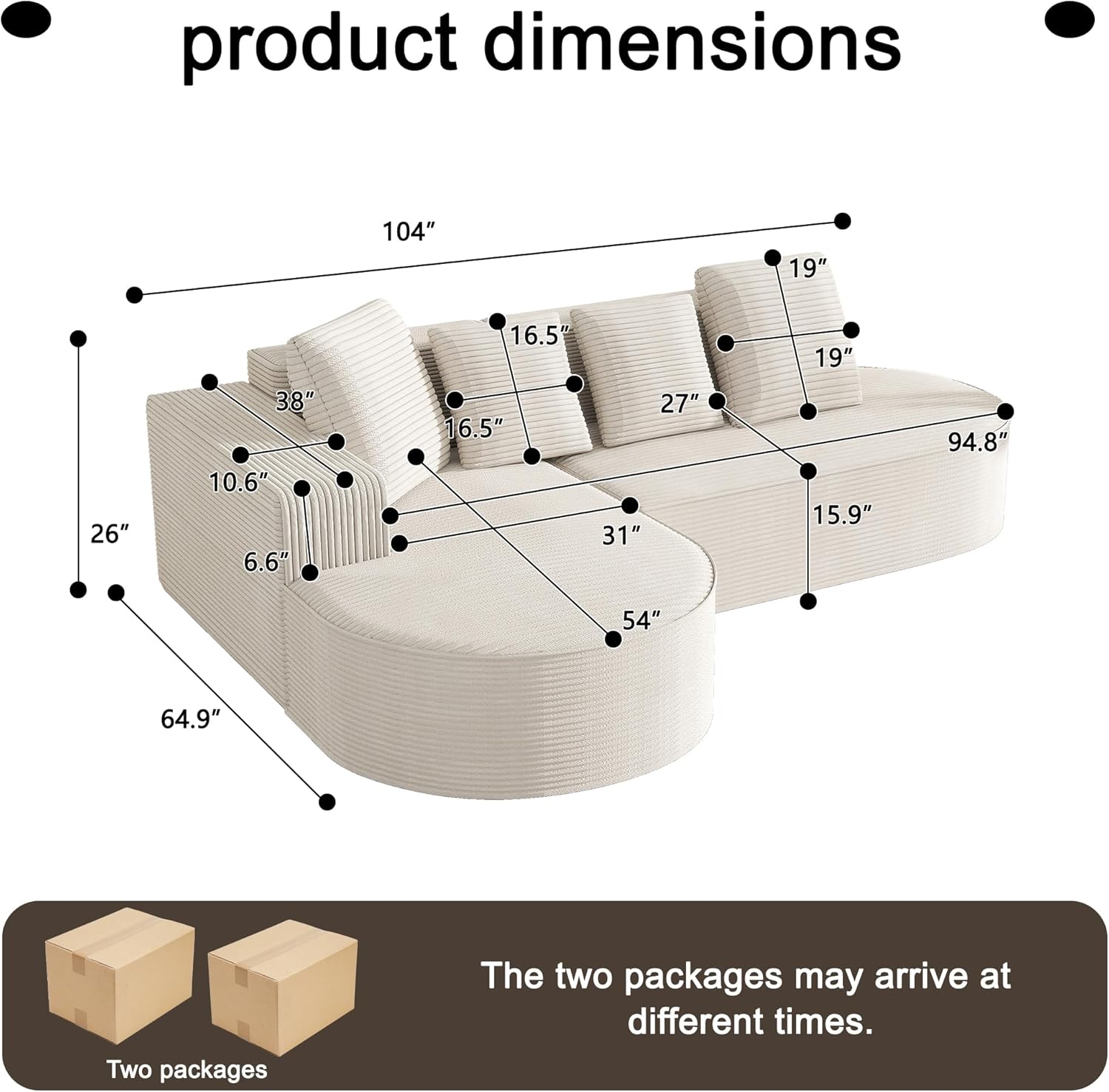 104" Corduroy Sectional Couch, Boneless L Shaped Couch with Deep Seat, Cloud Foam Sofa with Chaise, Sectional Sofa No Assembly Needed for Living Room (Foam + Black + Corduroy + 3 Seat)
