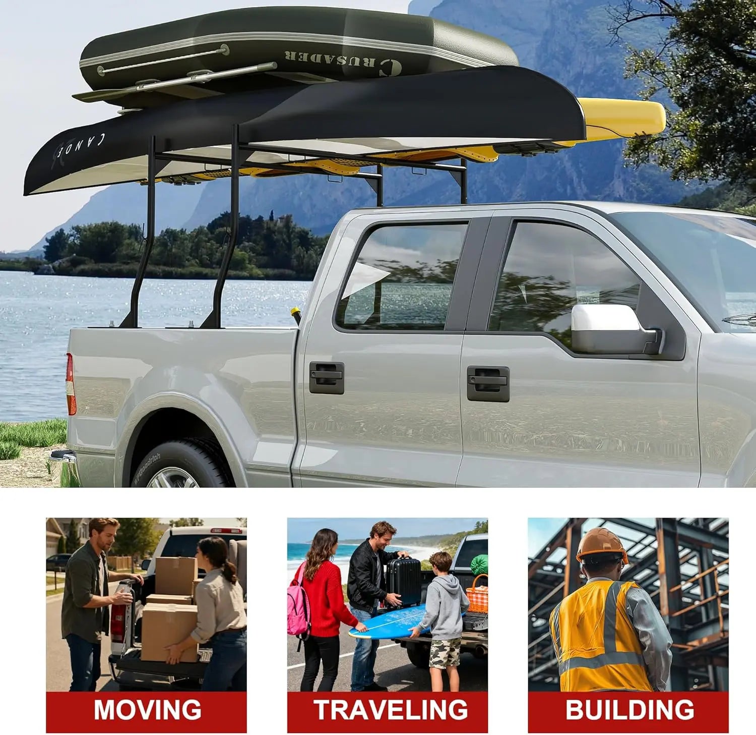 Heavy-Duty Universal Truck Bed Ladder Rack - 900LB Capacity, No-Drill Installation, Adjustable 46-71 inch Steel Cargo Rack for Kayaks, Lumber, Surfboards & Construction Materials QIHAI