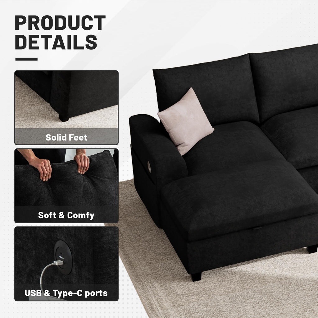 120.1" L Shaped Modular Sectional Sofa, 7 Seater Sectional Sofa with Storage Ottoman, L Shaped Cloud Couch Corner Sofa Oversized Modular Sectional Couch for Living Room (Black)