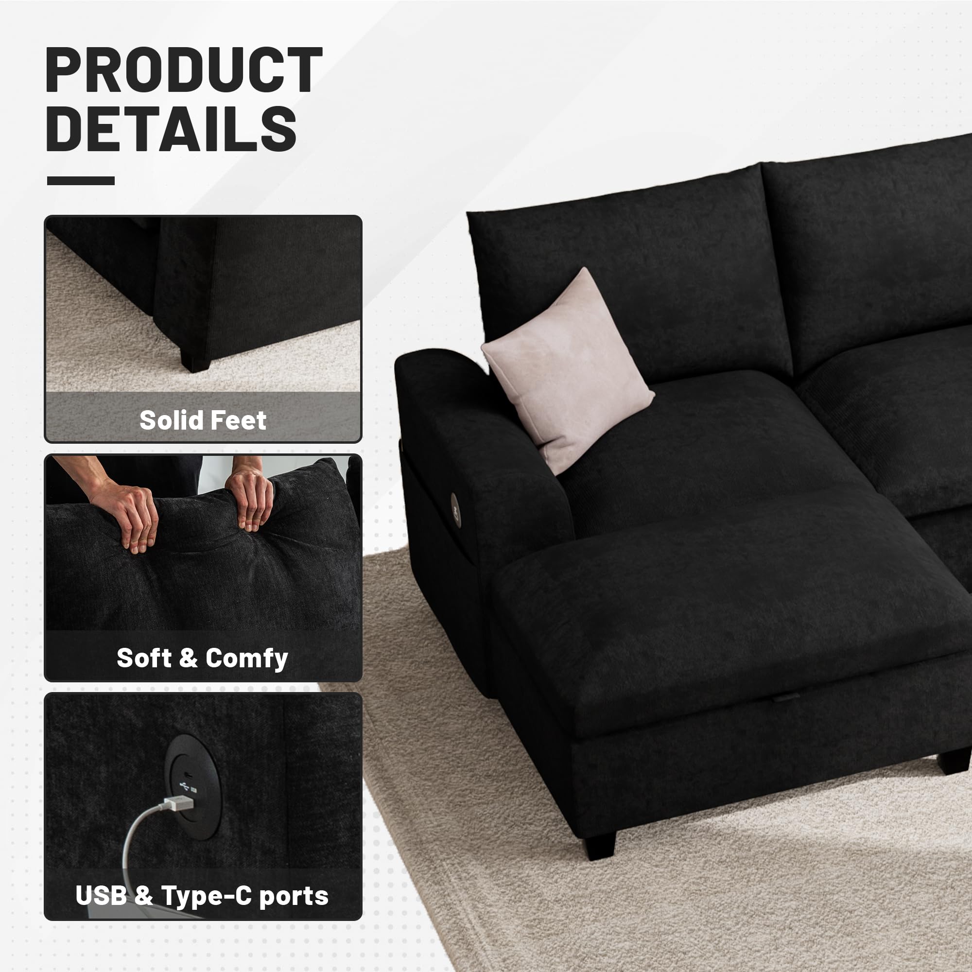 120.1" L Shaped Modular Sectional Sofa, 7 Seater Sectional Sofa with Storage Ottoman, L Shaped Cloud Couch Corner Sofa Oversized Modular Sectional Couch for Living Room (Black)